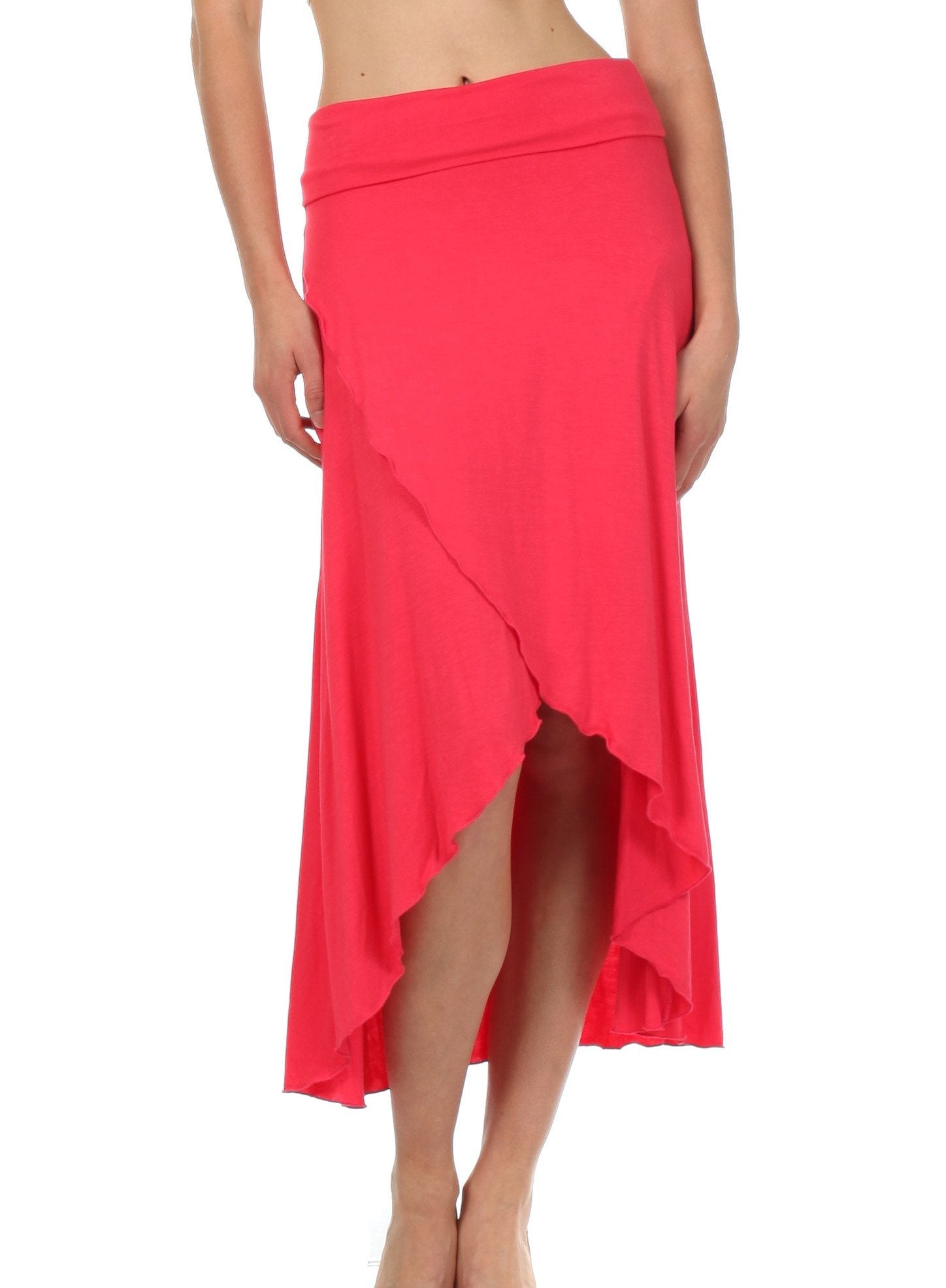 Red skirt worn by a person on a white background