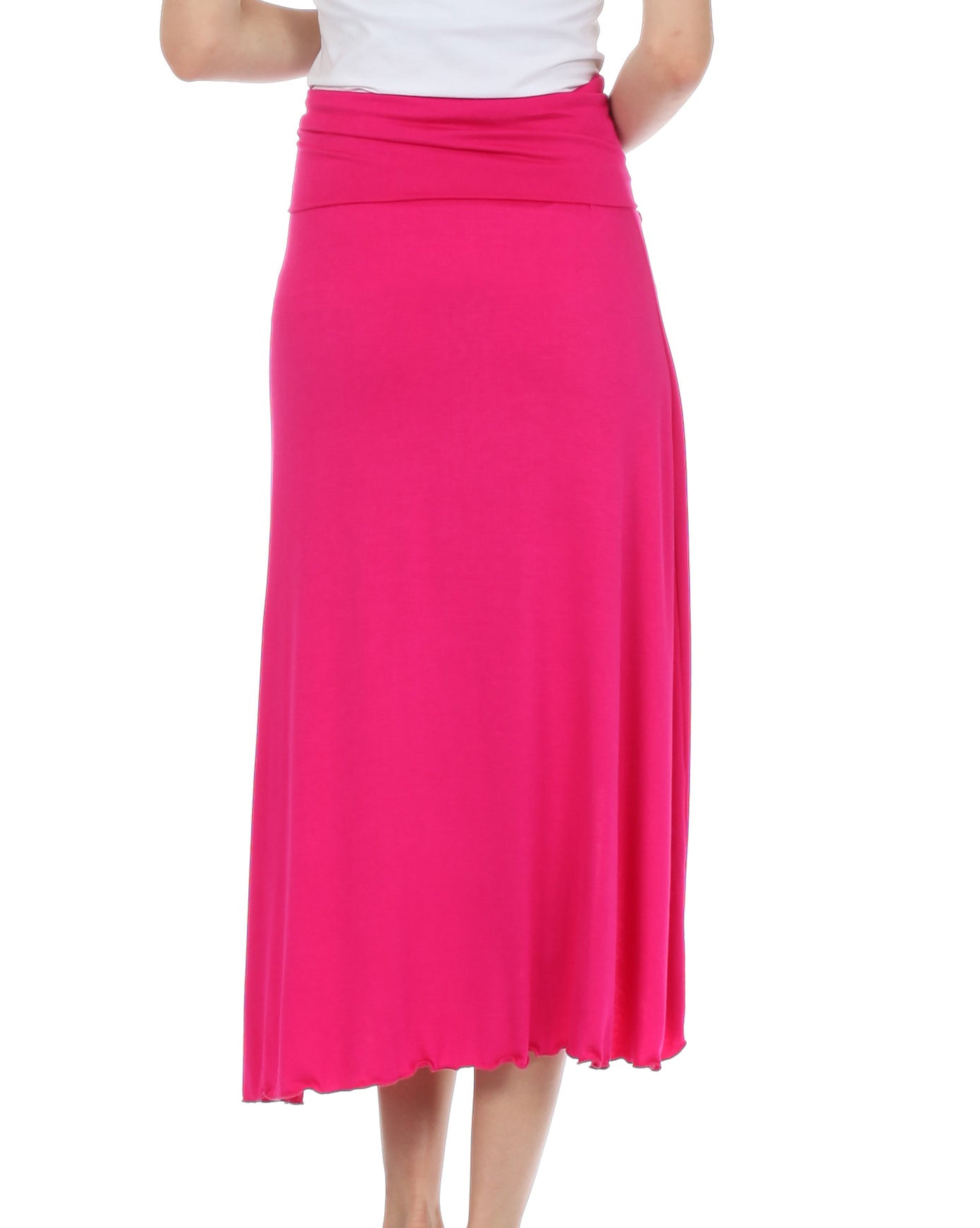 Person wearing a bright pink skirt on a white background