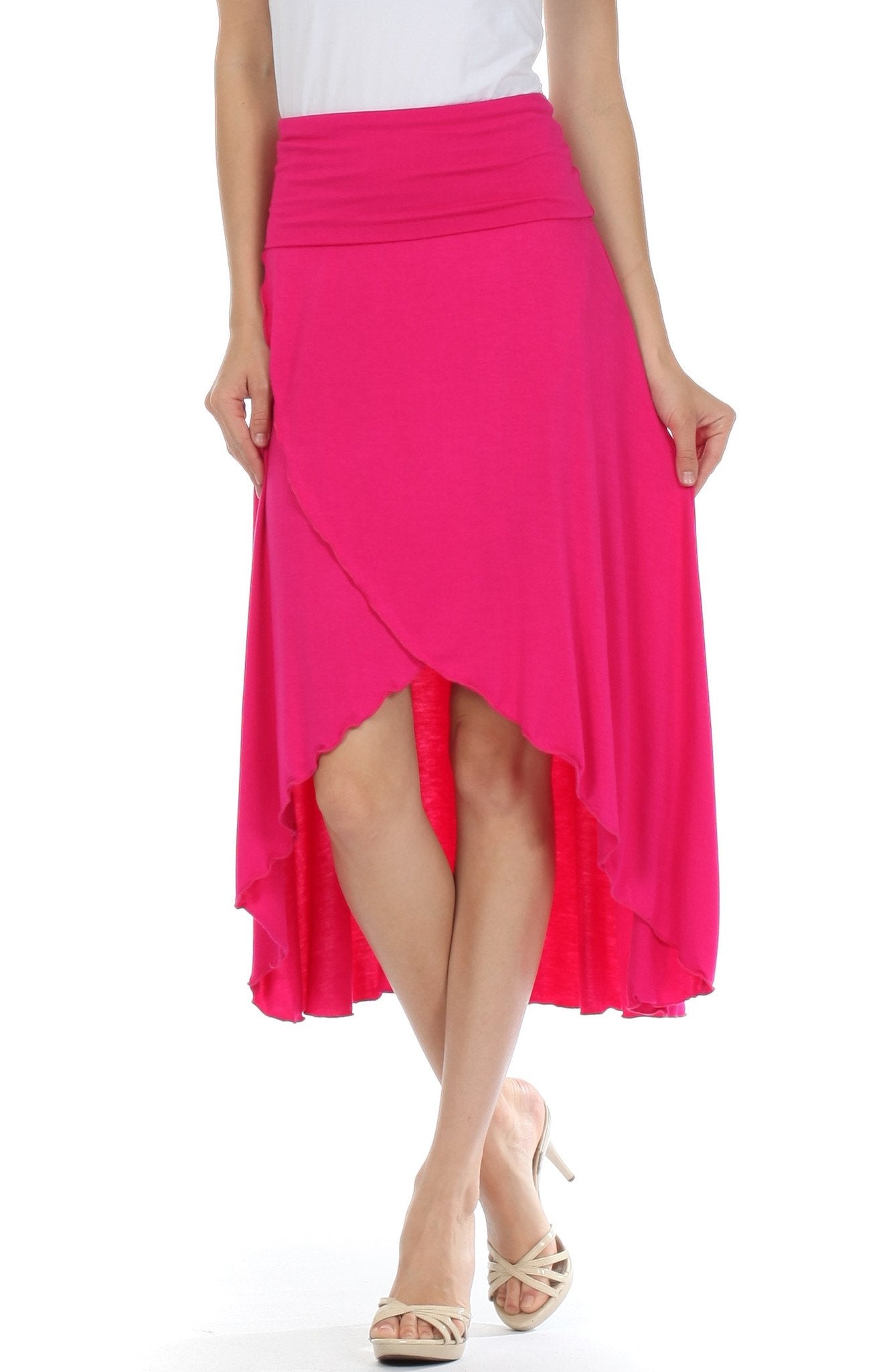 Person wearing a bright pink skirt on a white background