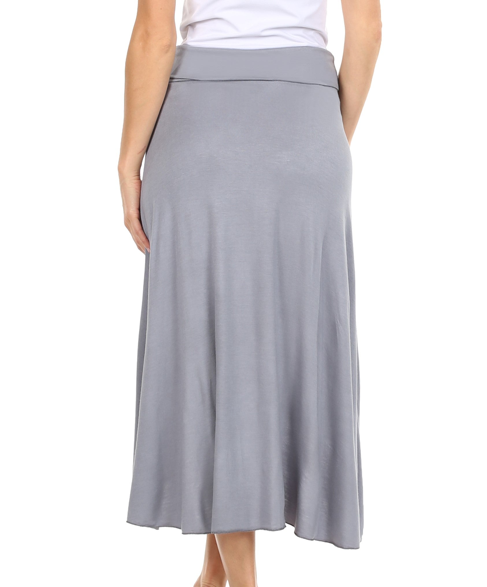 Gray skirt worn by a person on a white background