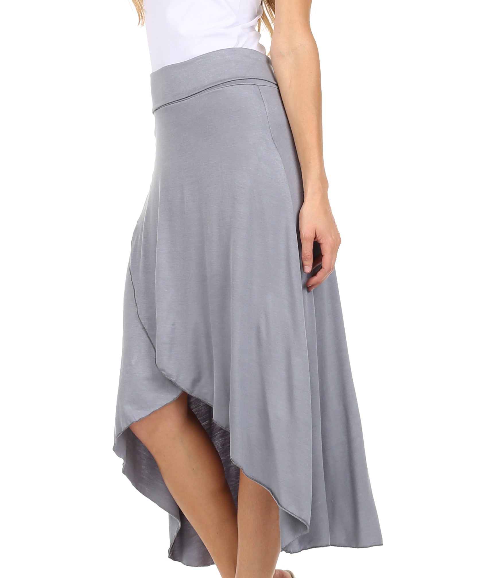 Gray skirt worn by a person on a white background
