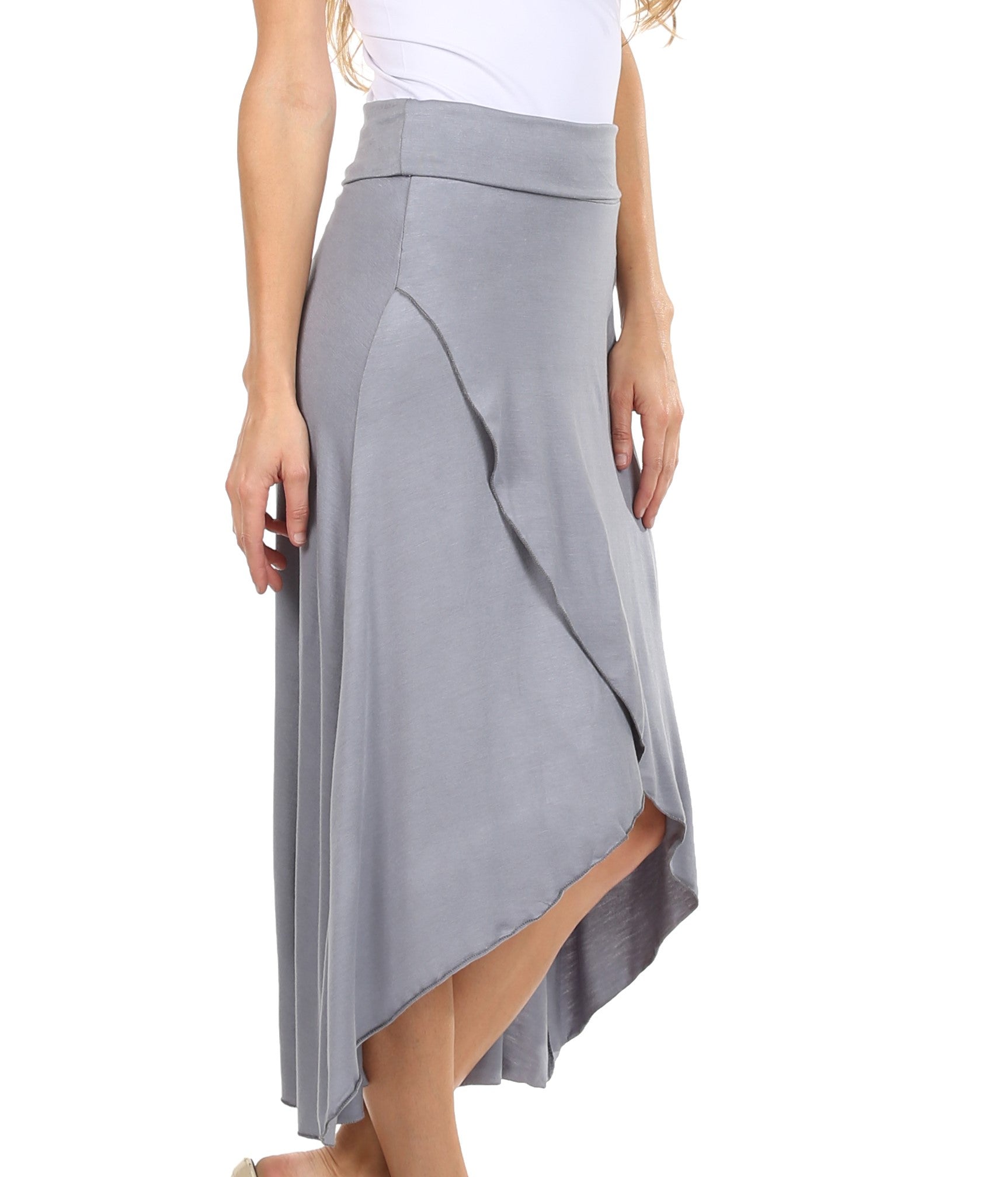 Gray skirt worn by a person on a white background