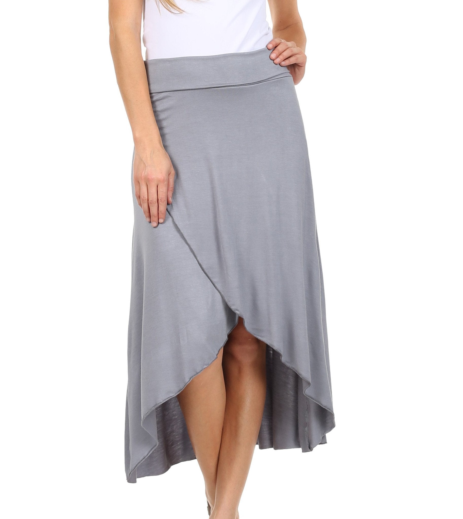Gray skirt worn by a person on a white background