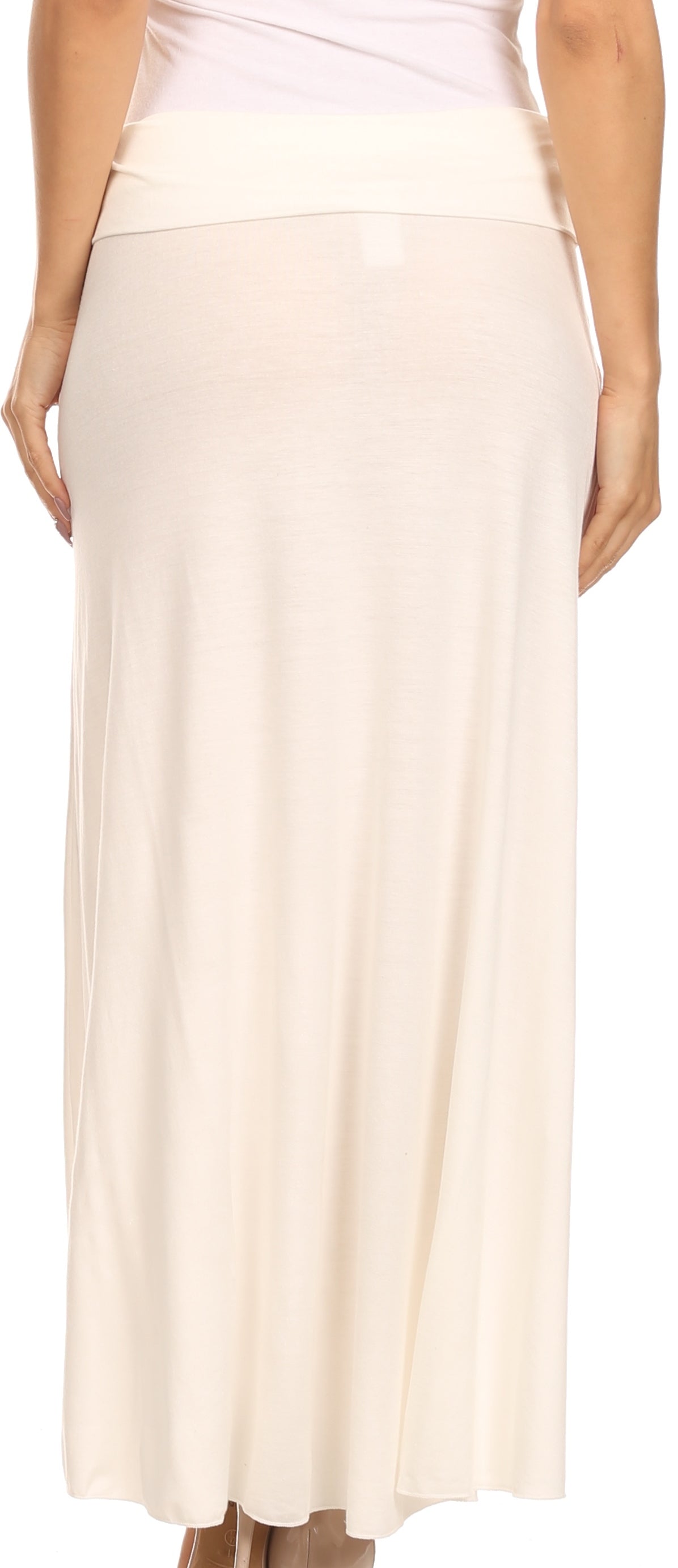 Beige skirt worn by a person on a white background
