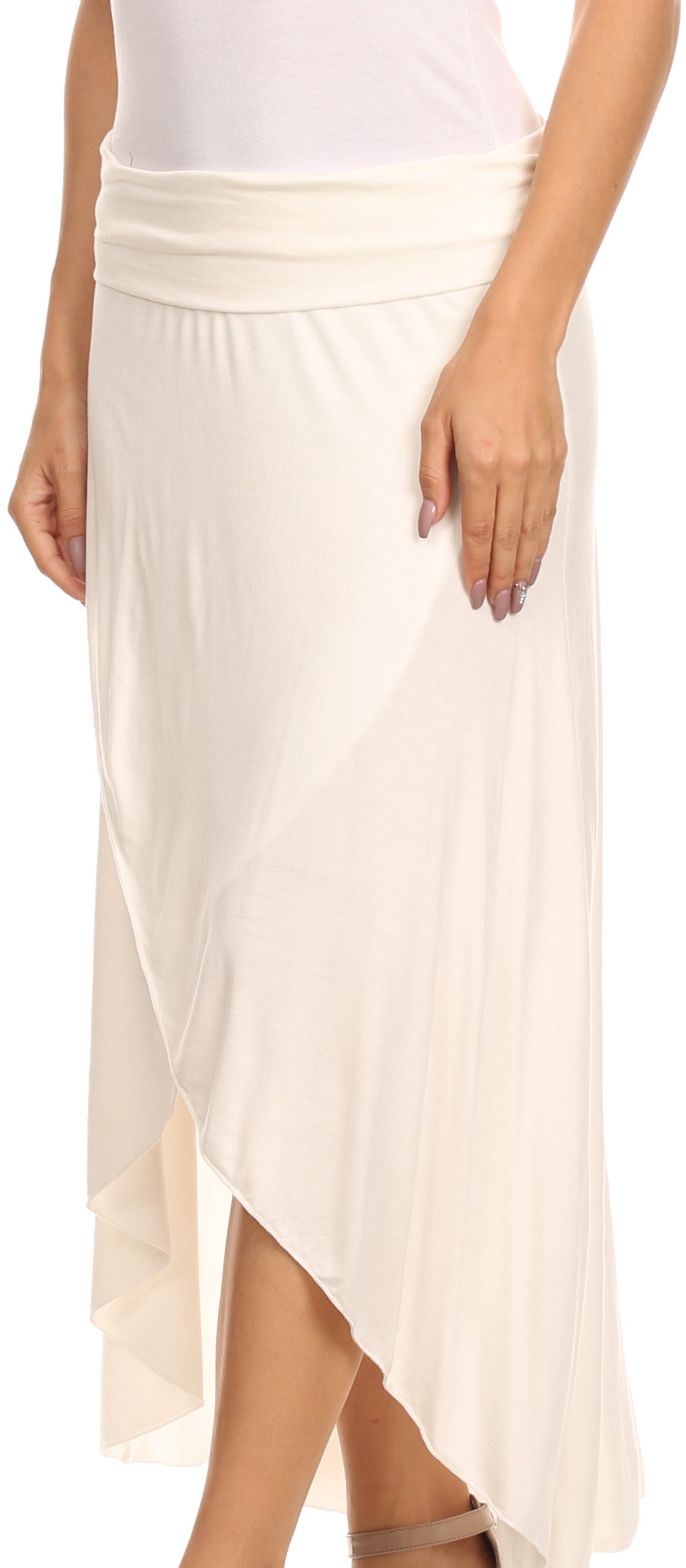White skirt worn by a person on a white background