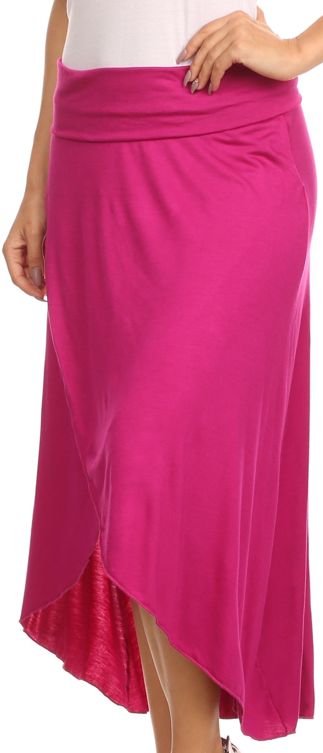 Pink skirt worn by a person on a white background