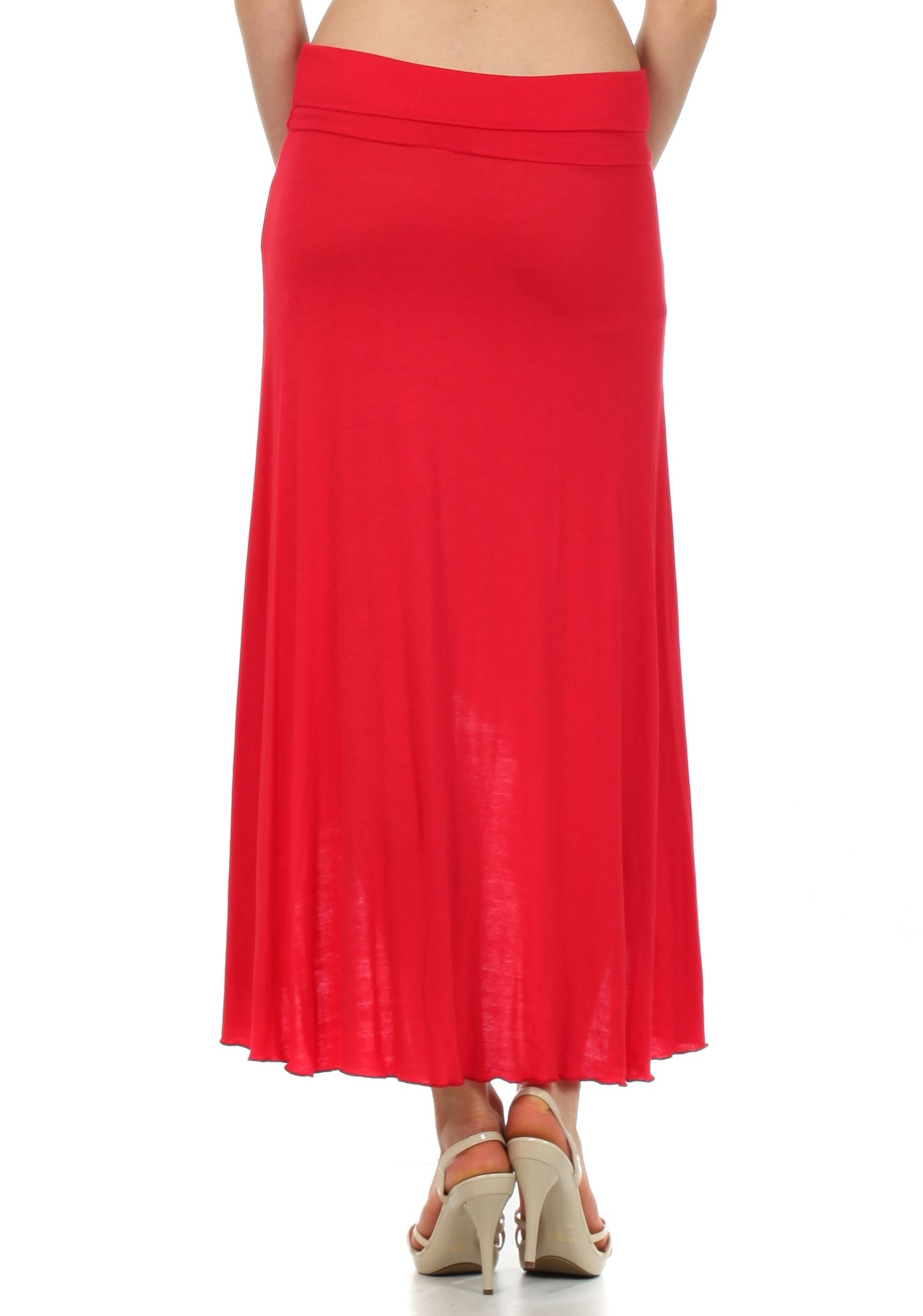 Red skirt worn by a person on a white background