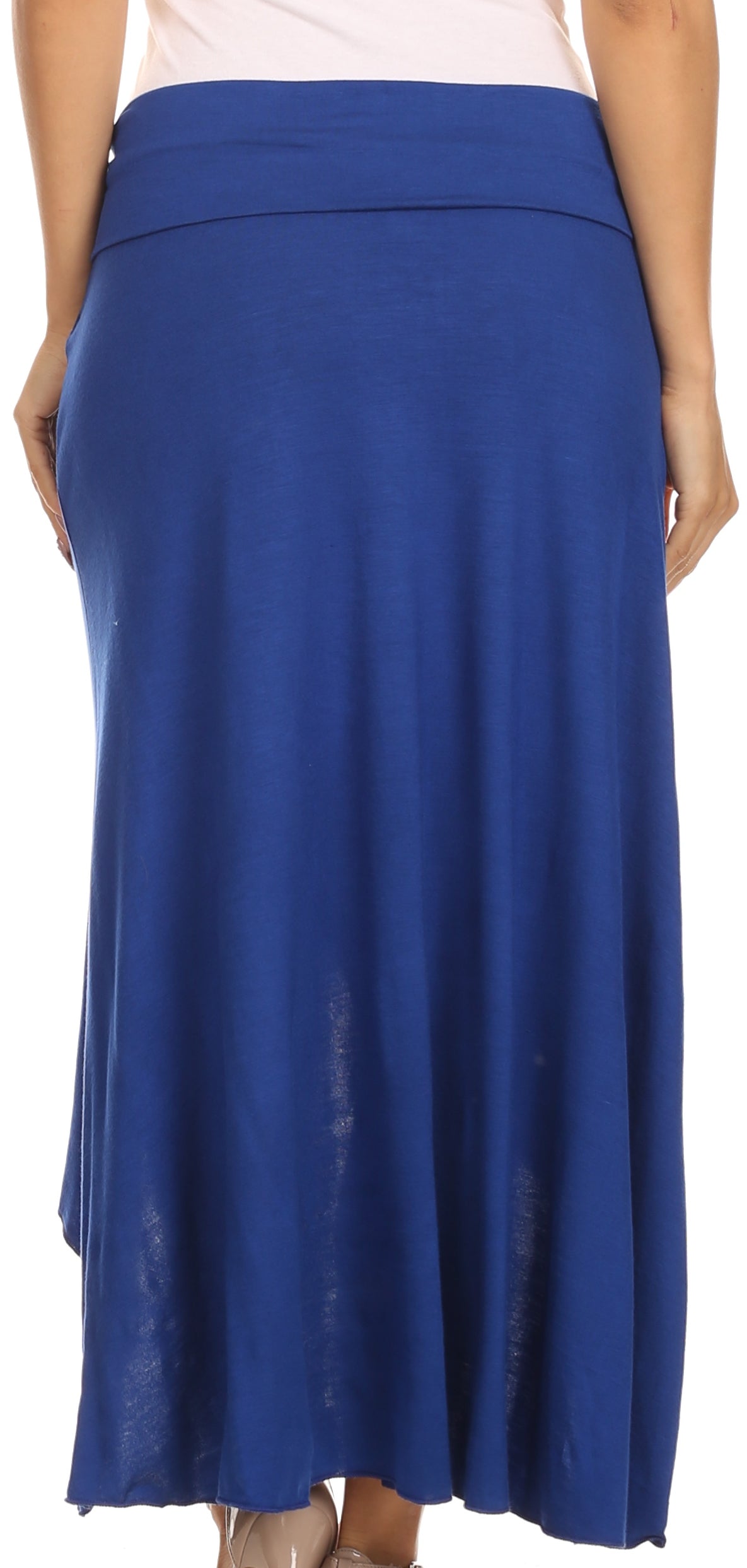 Blue skirt worn by a person on a white background