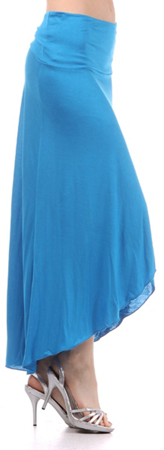 Blue maxi skirt worn by a person on a white background