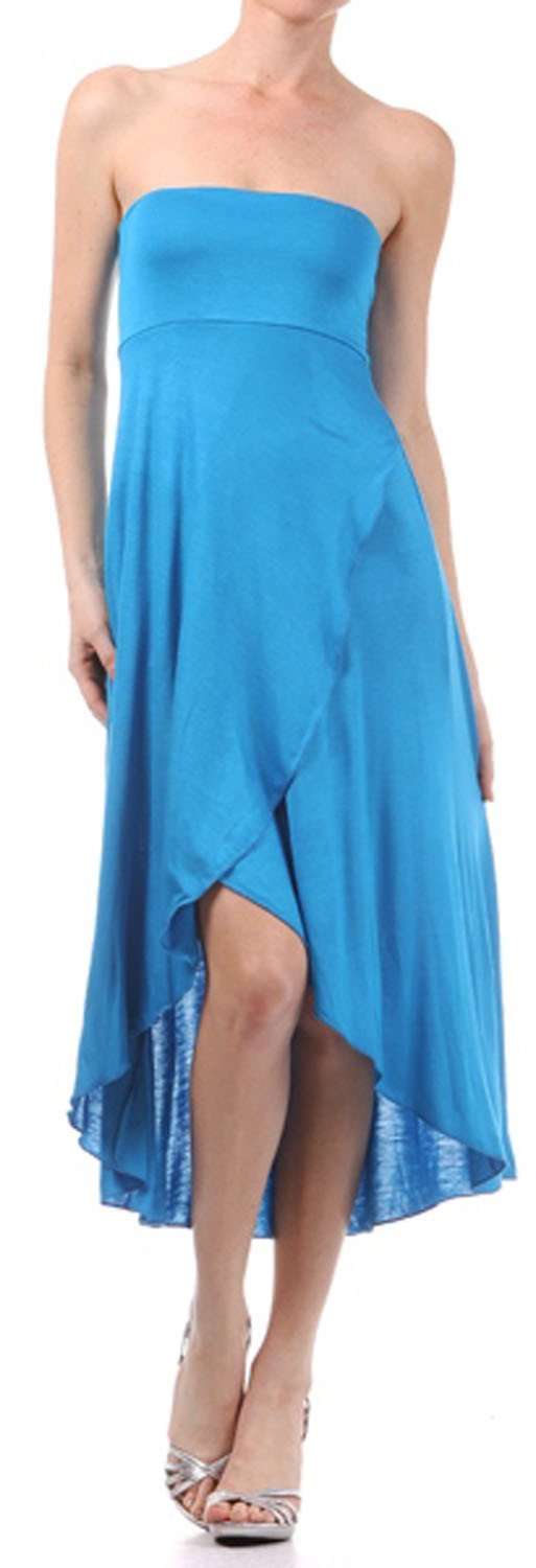 Woman wearing a blue strapless dress on a white background