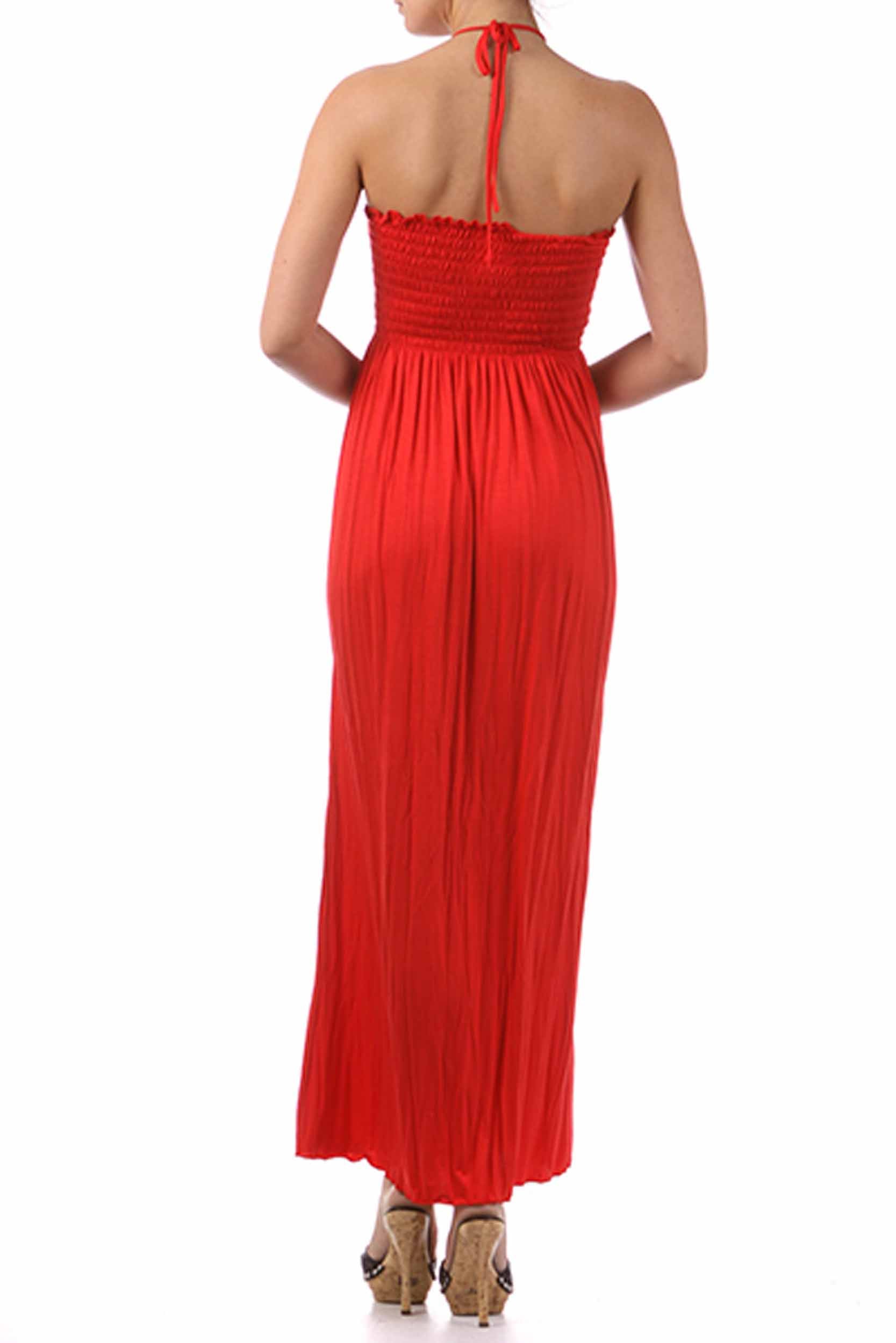 Red halter neck dress on a white background
