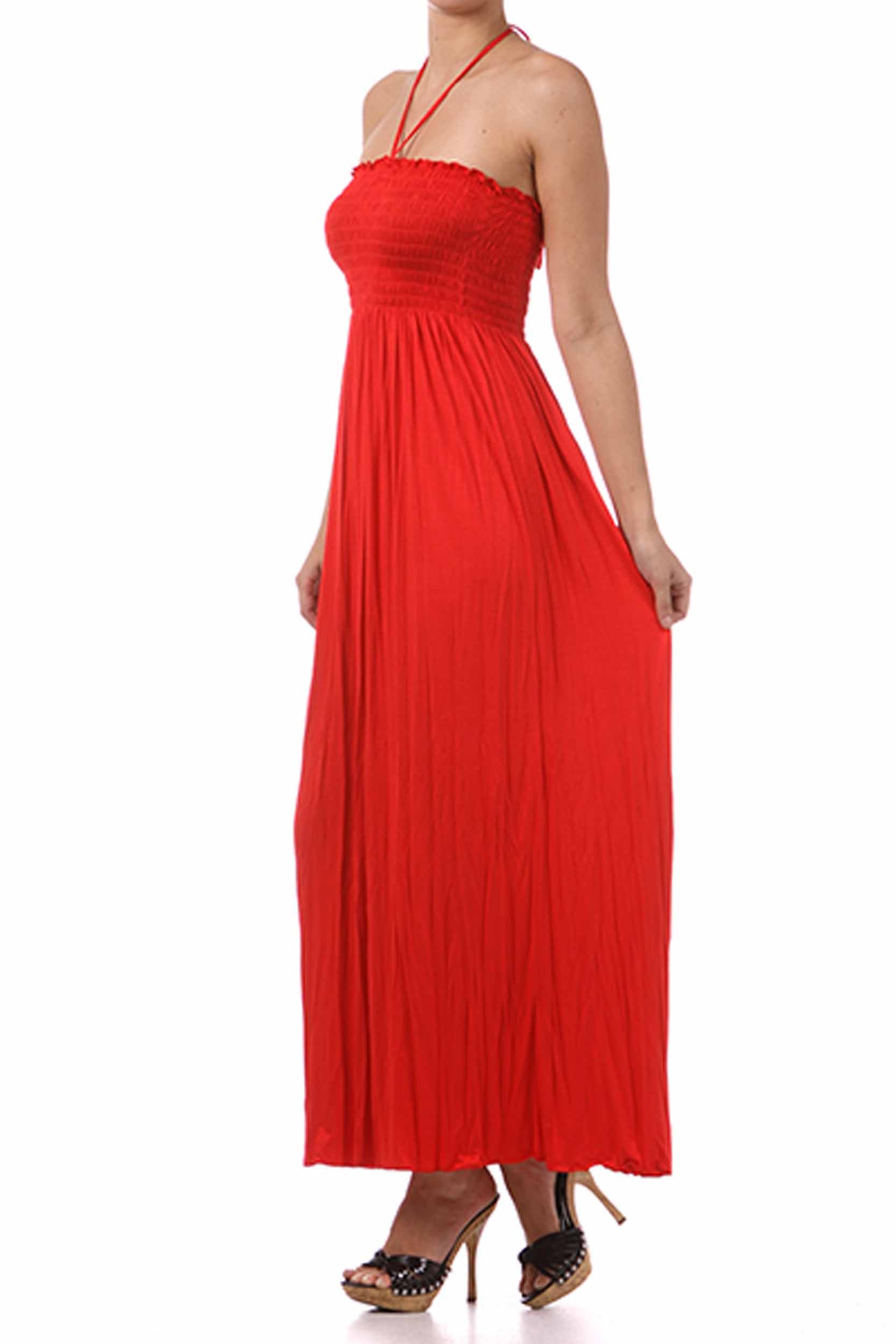 Red halter neck gown on a white background