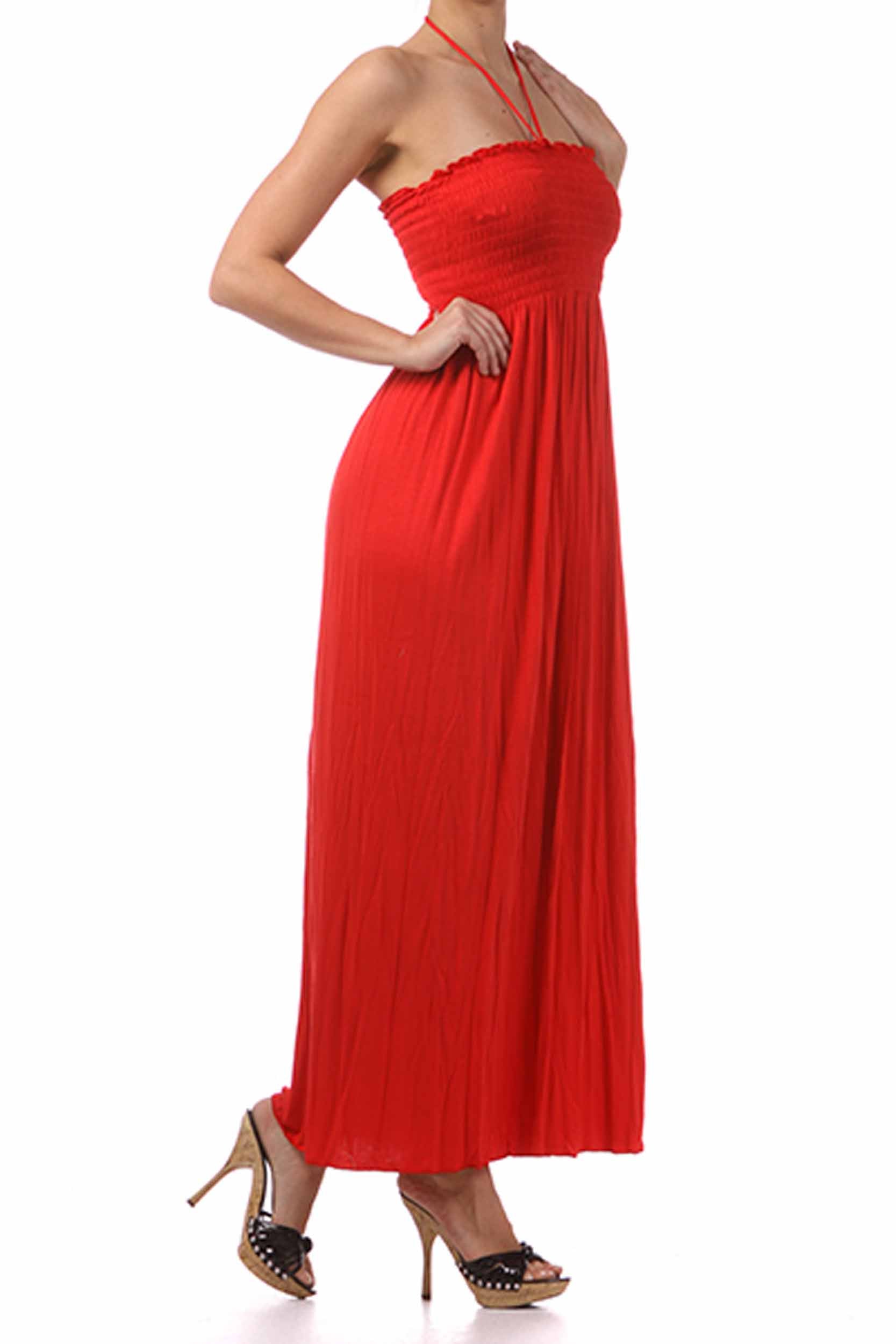Red halter neck dress on a white background
