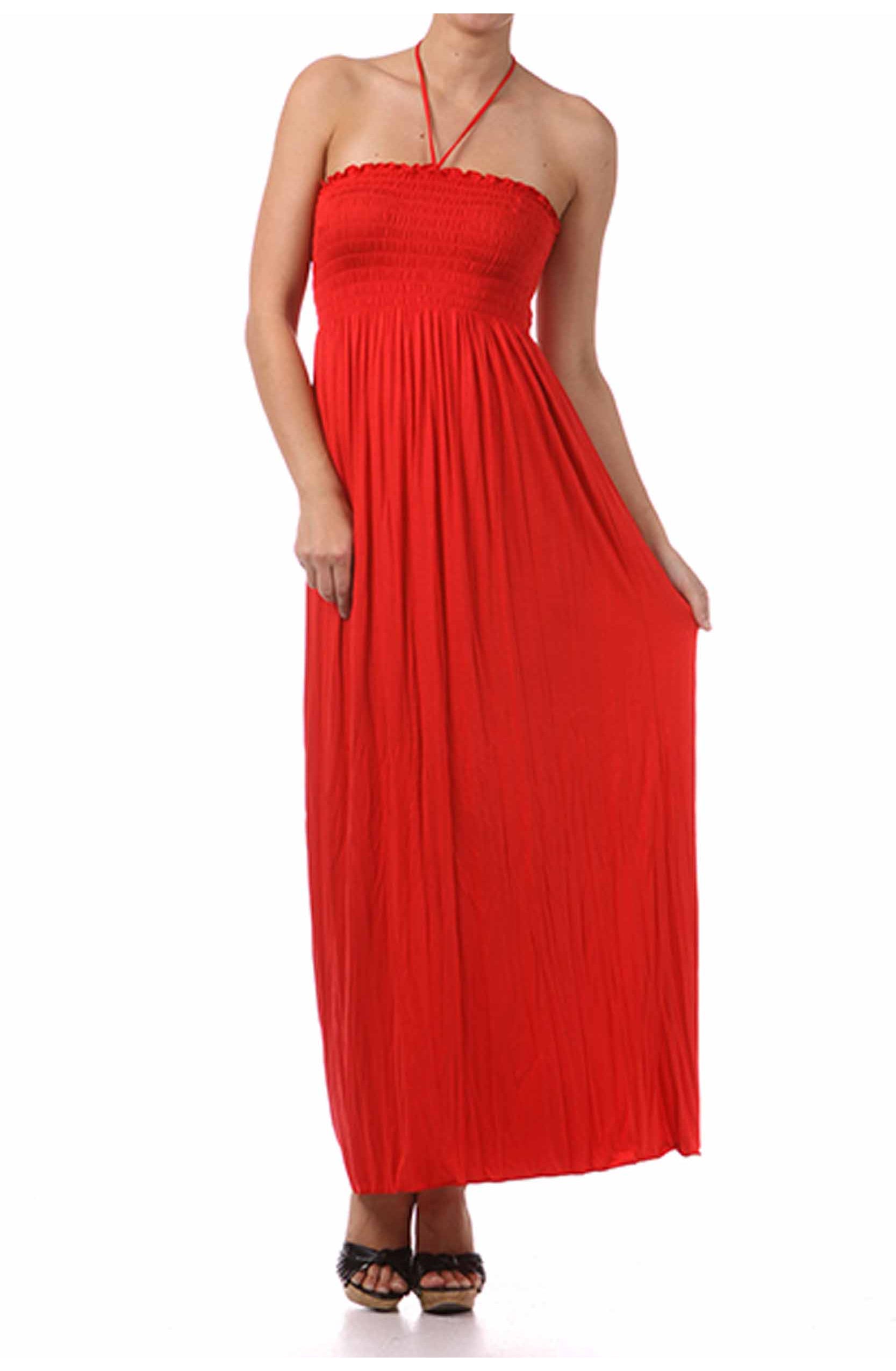Red halter neck dress on a white background