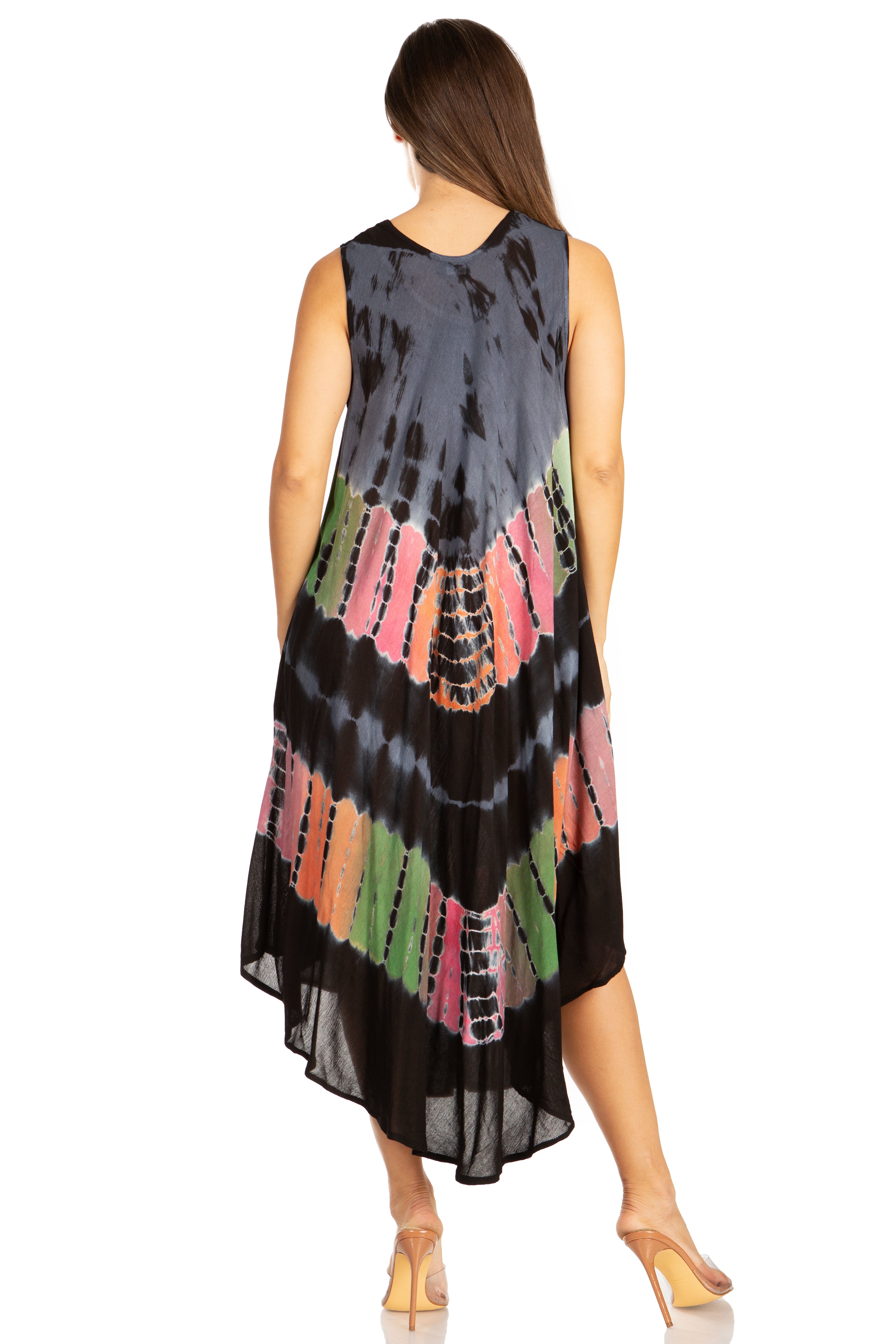 Woman wearing a tie-dye dress with a white background