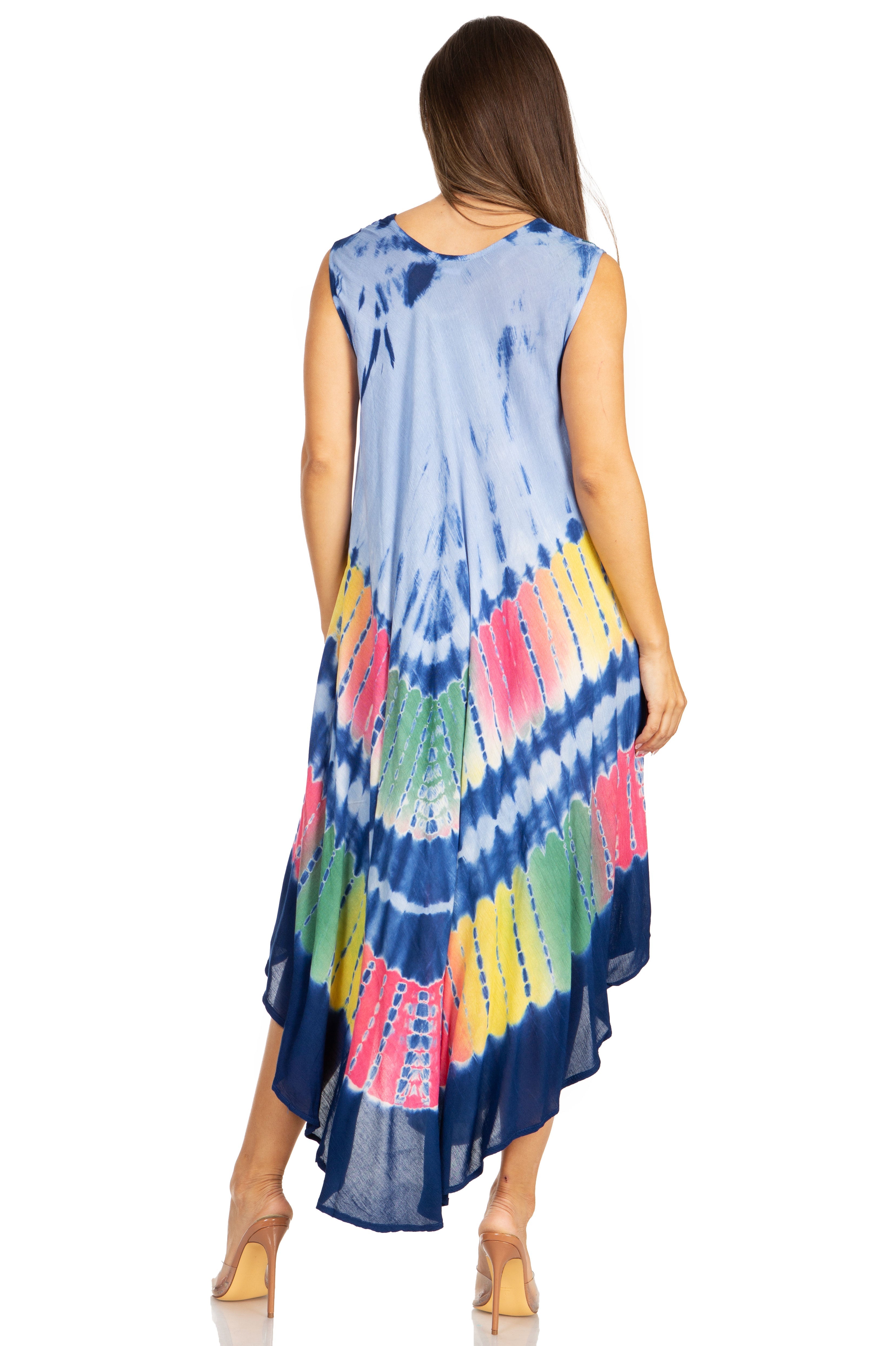 Woman wearing a colorful tie-dye dress on a white background