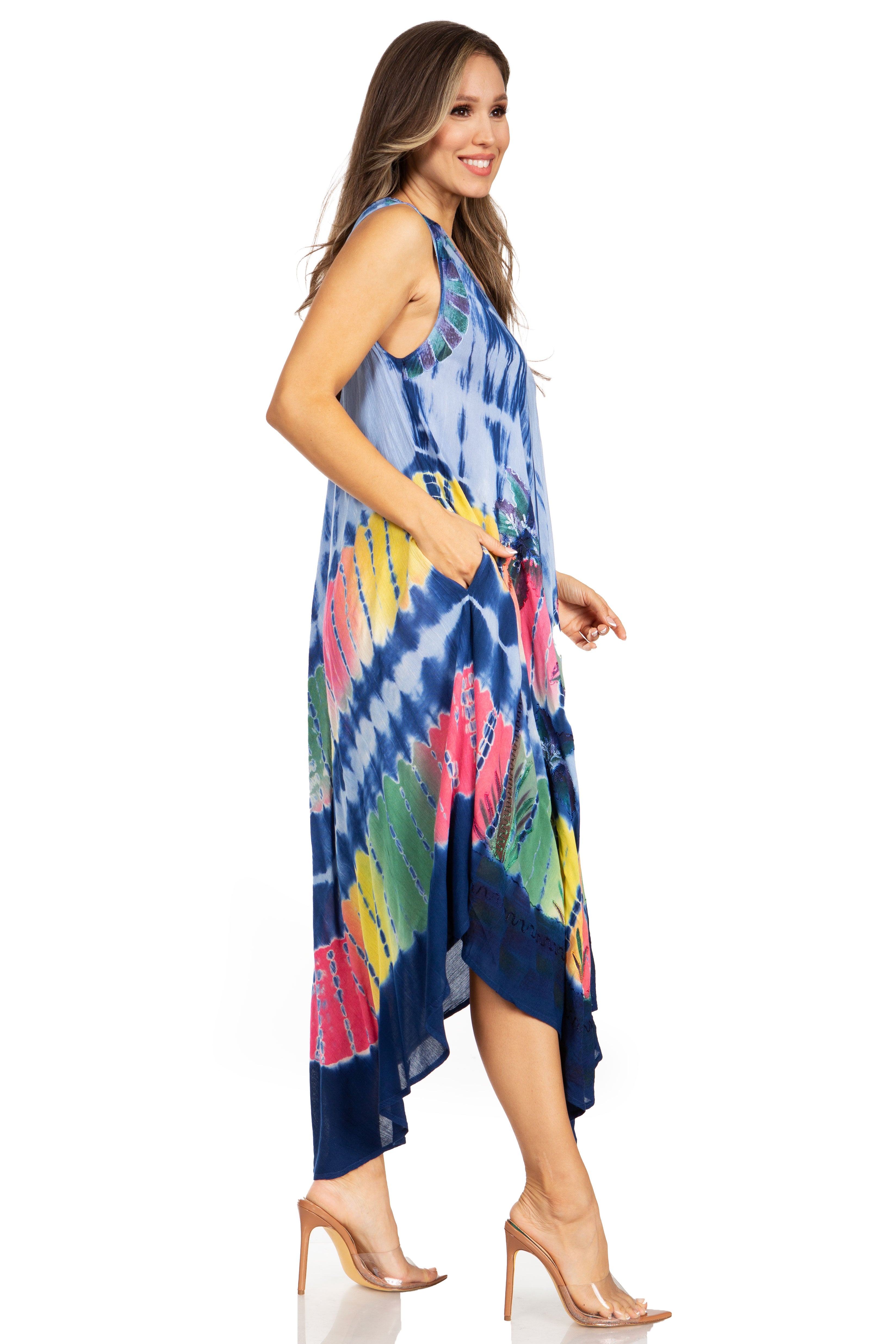 Woman wearing a colorful dress on a white background