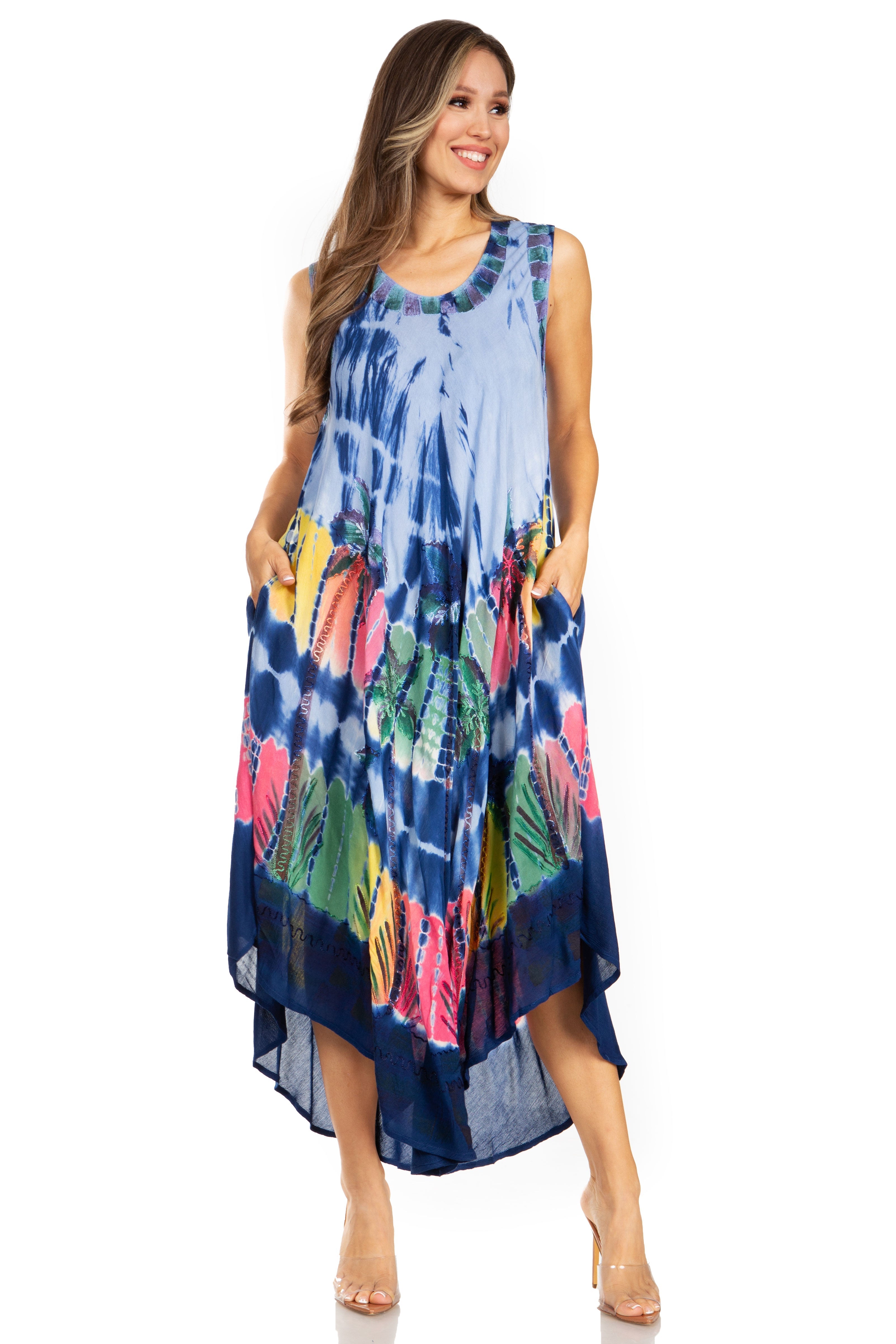 Woman wearing a colorful tie-dye dress on a white background
