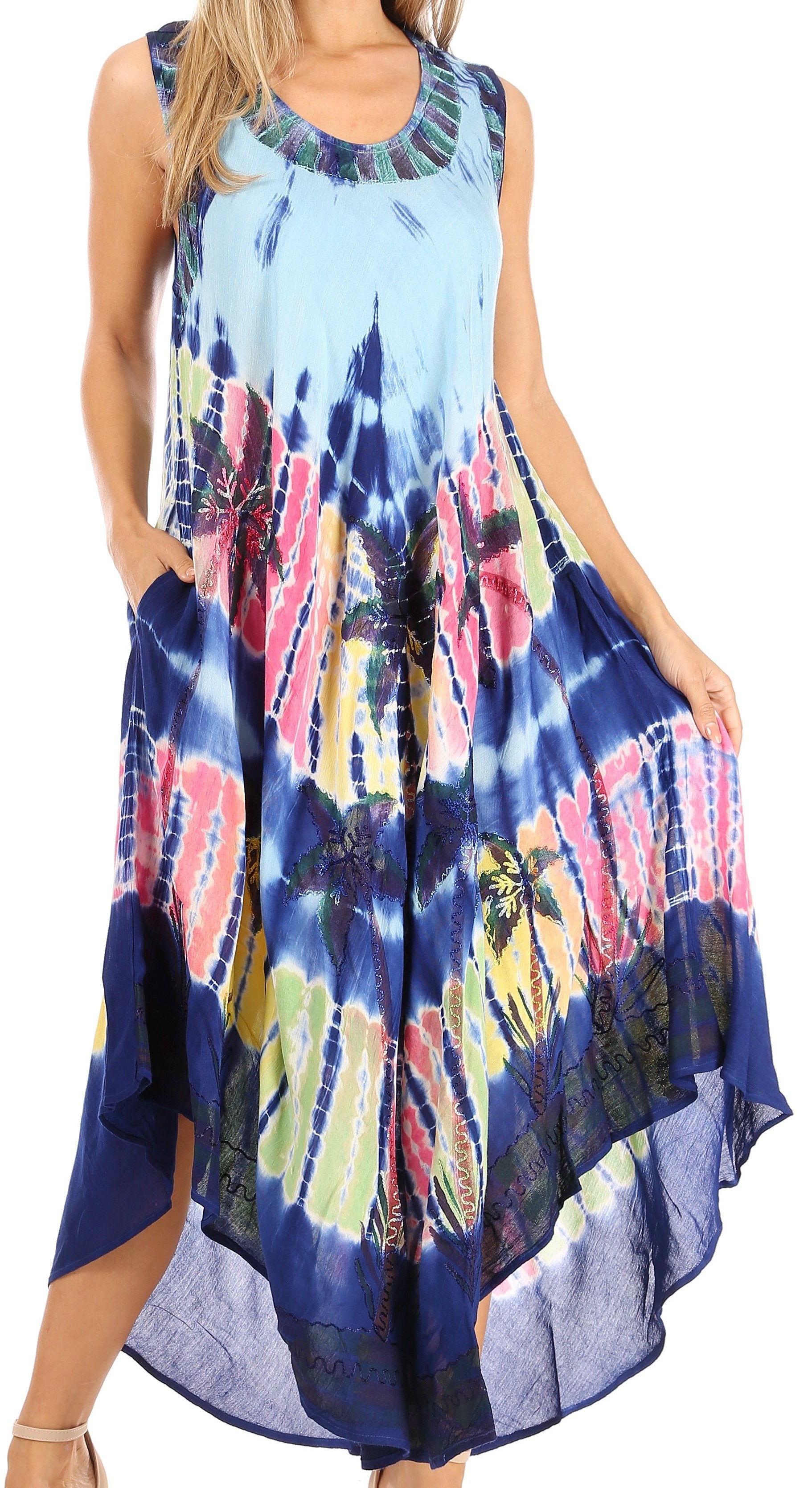 Woman wearing a colorful tie-dye dress on a white background