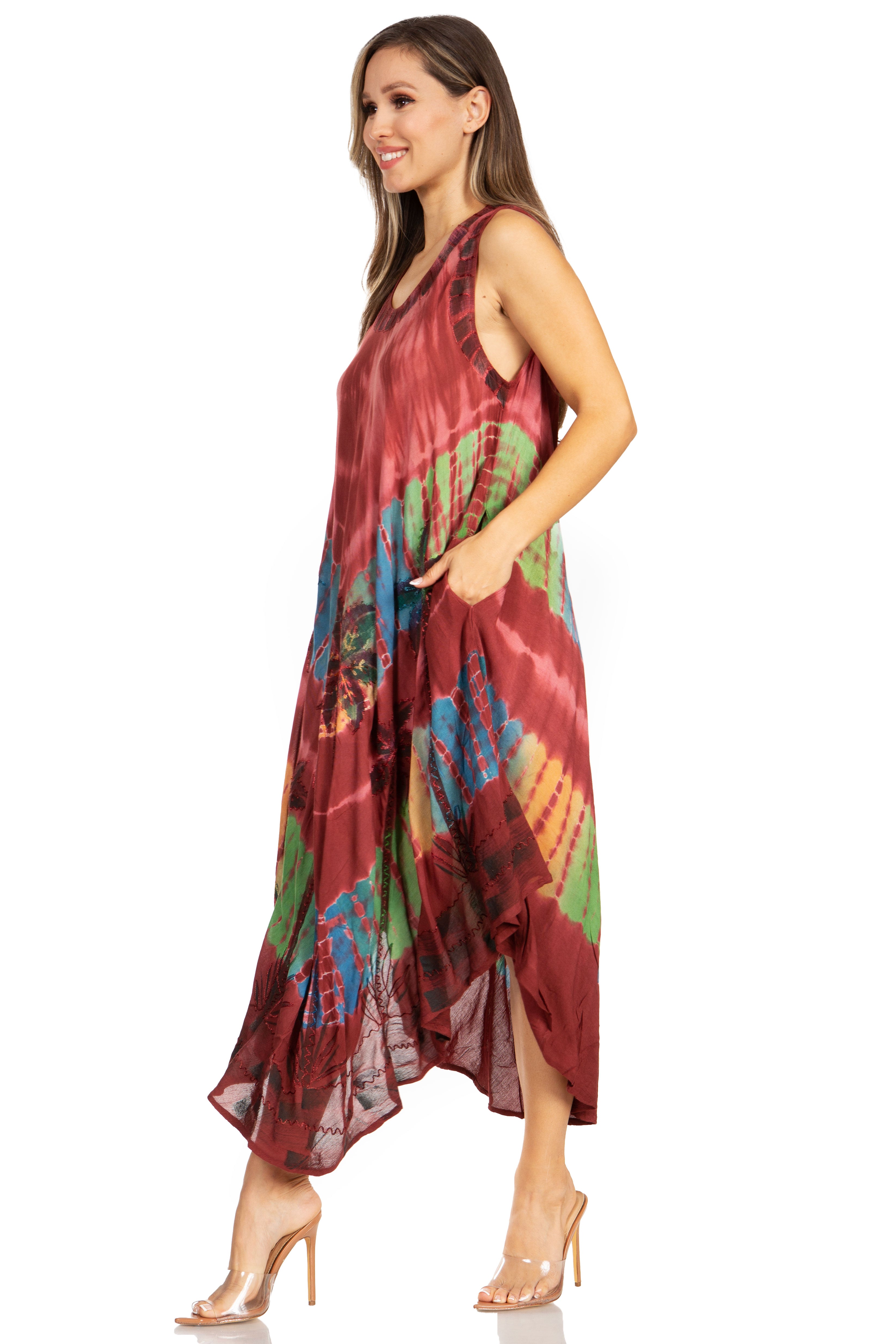 Woman wearing a colorful dress with a white background