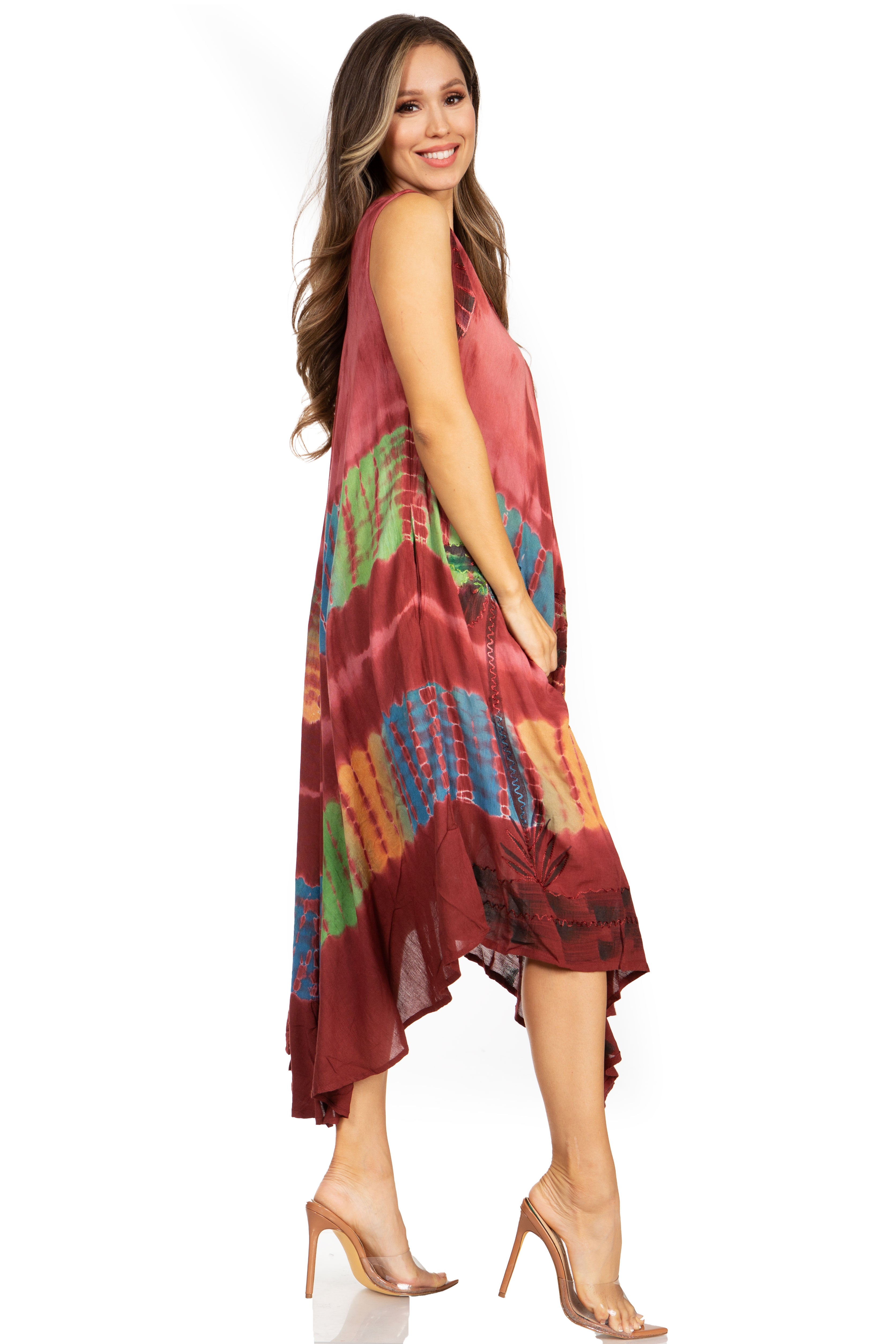 Woman wearing a colorful dress with a white background
