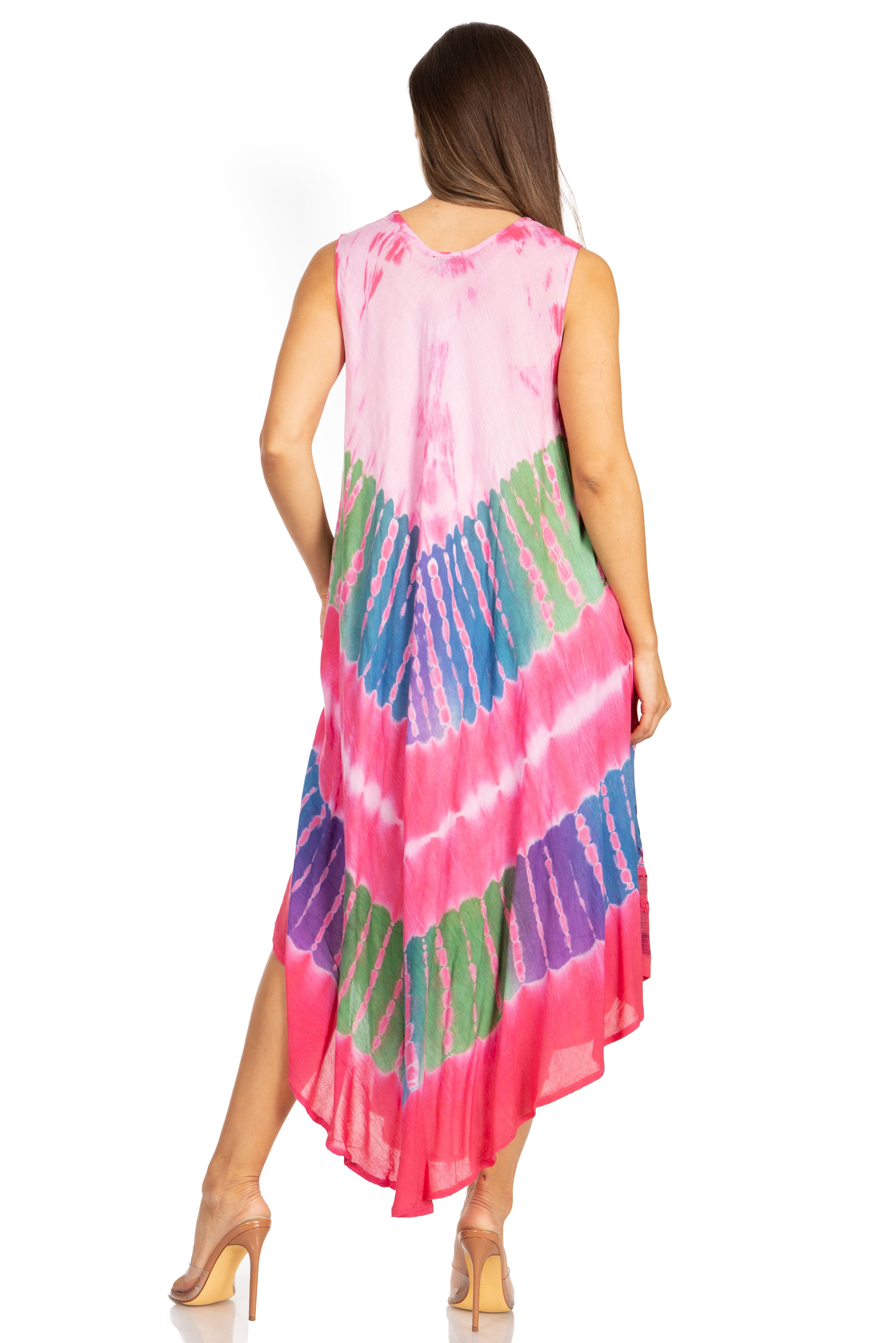 Woman wearing a colorful tie-dye dress on a white background