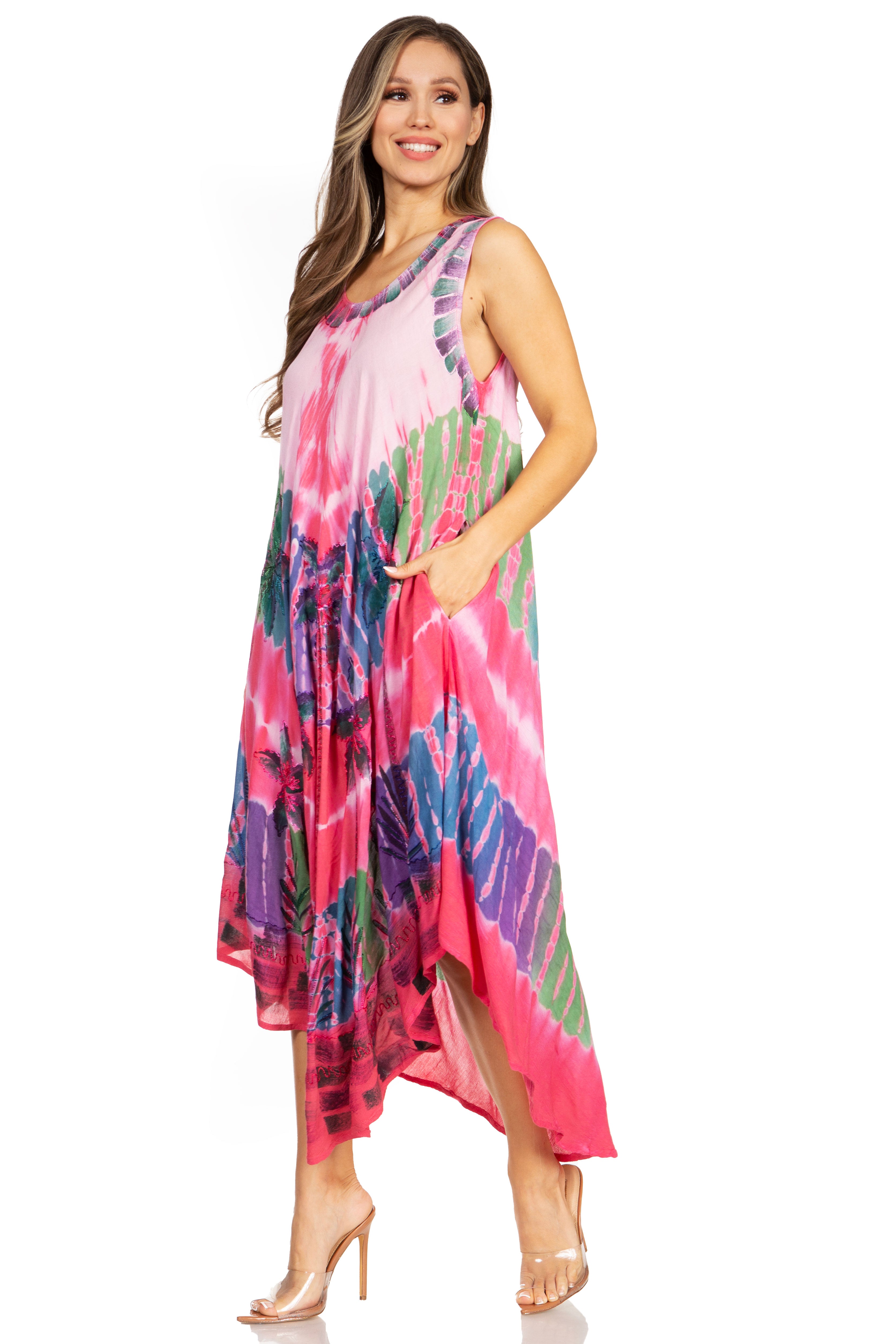 Woman wearing a colorful tie-dye dress on a white background