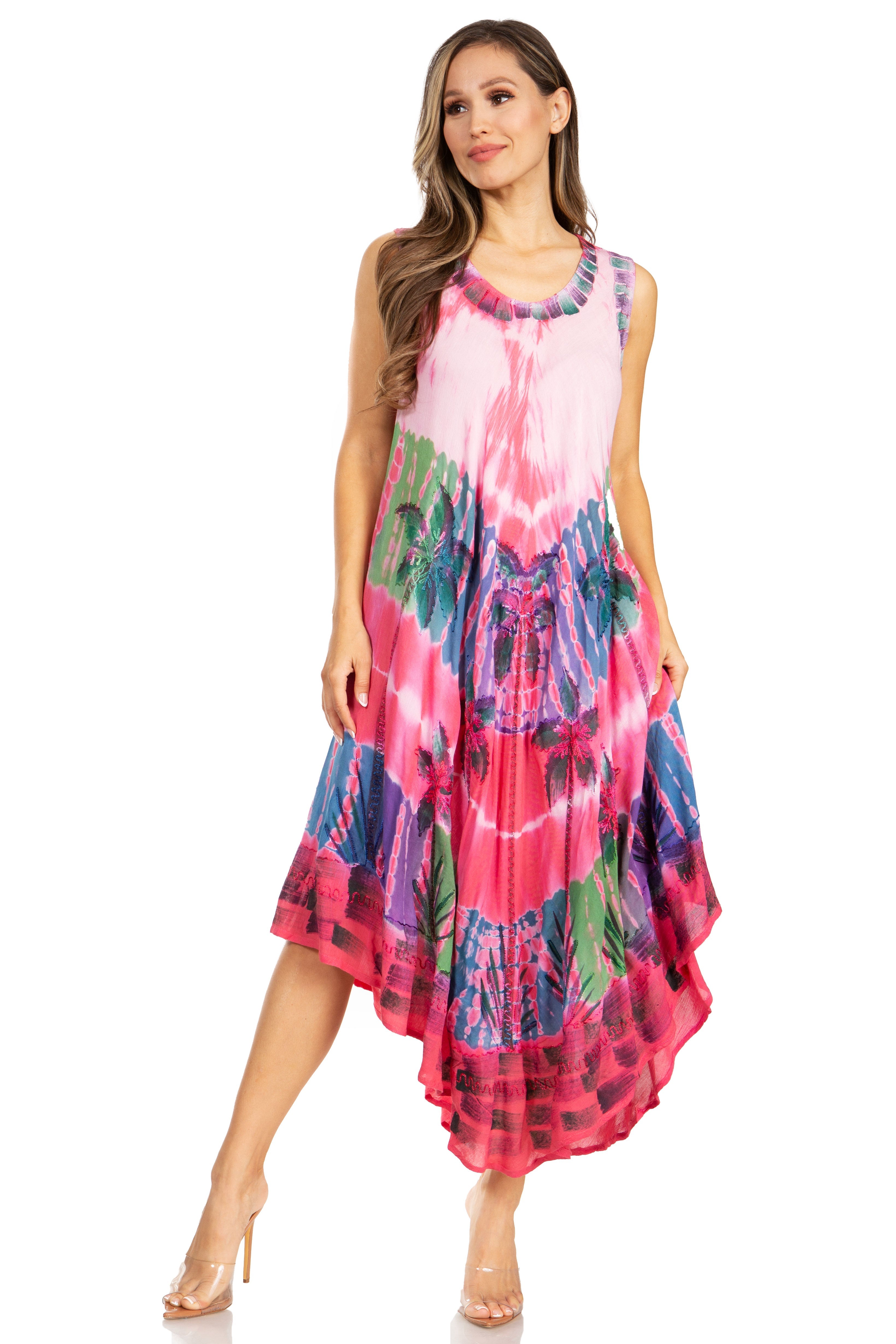 Woman wearing a colorful tie-dye dress on a white background