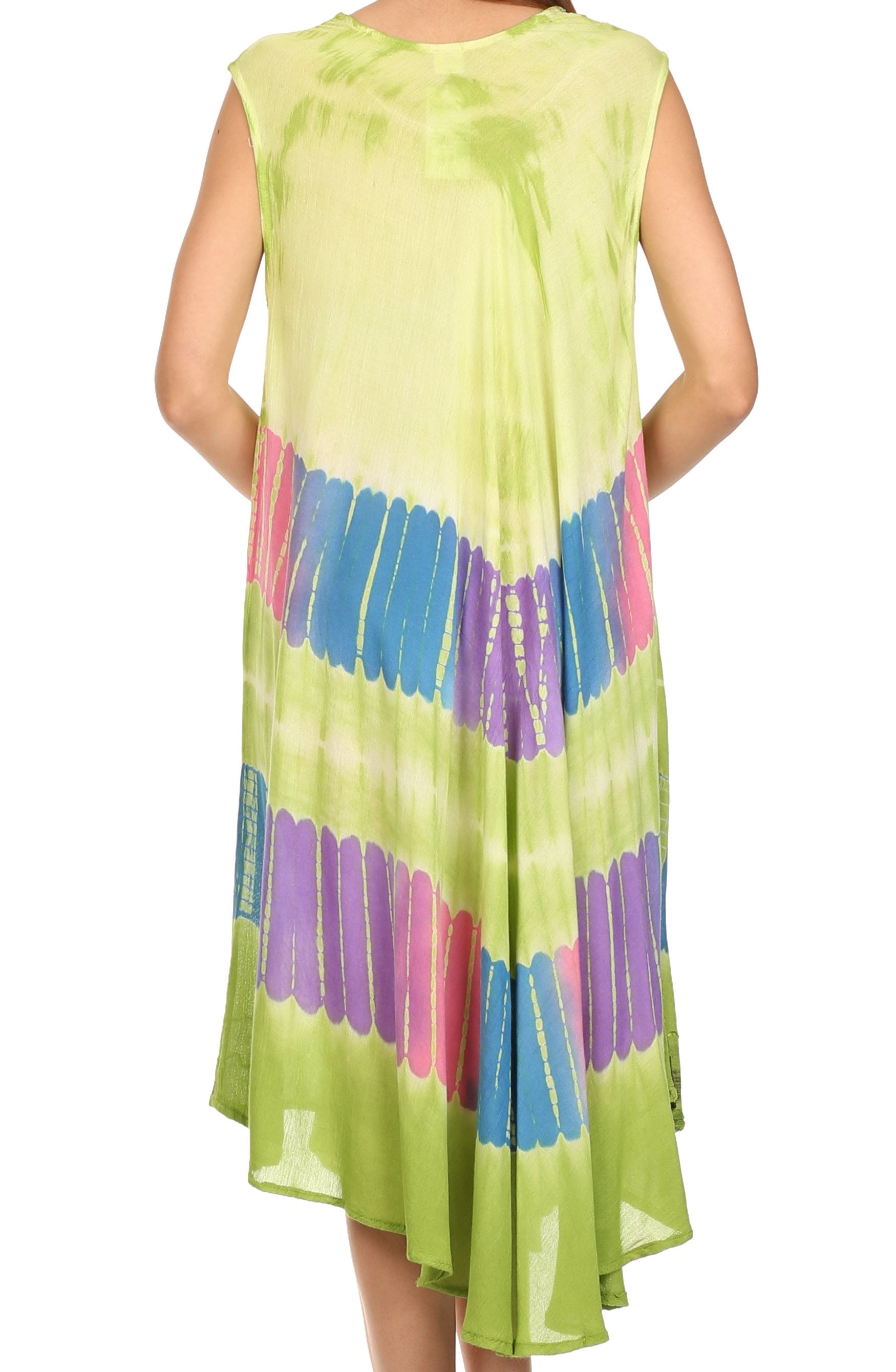 Green dress with colorful pattern on a white background