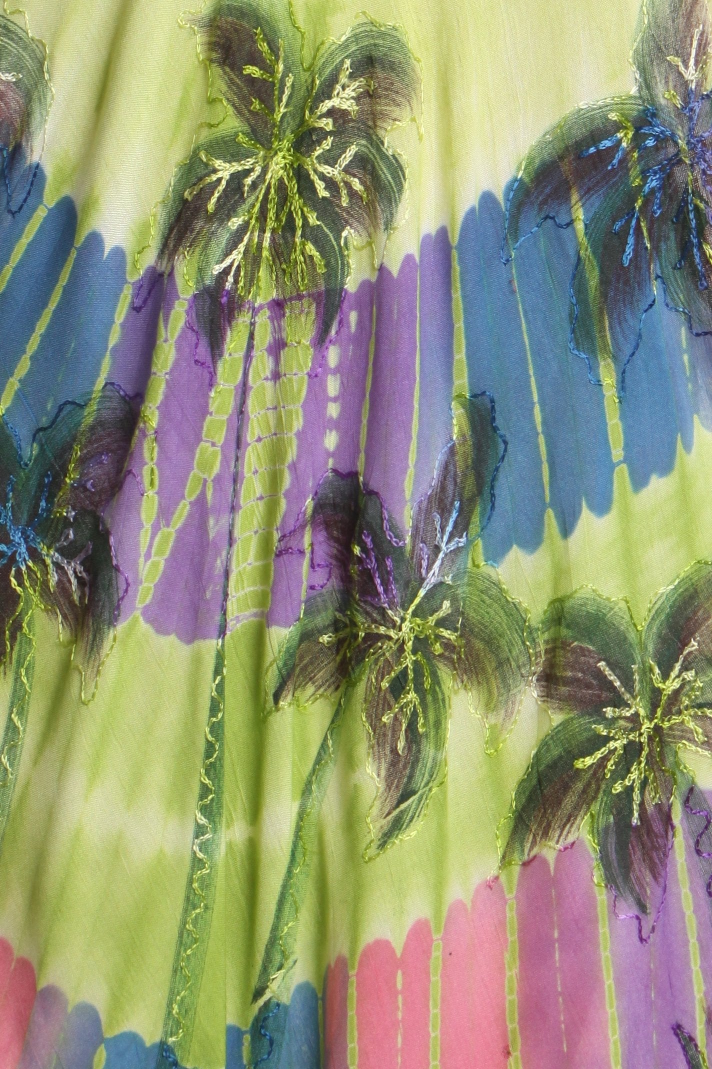 Close-up of a colorful fabric with palm tree design