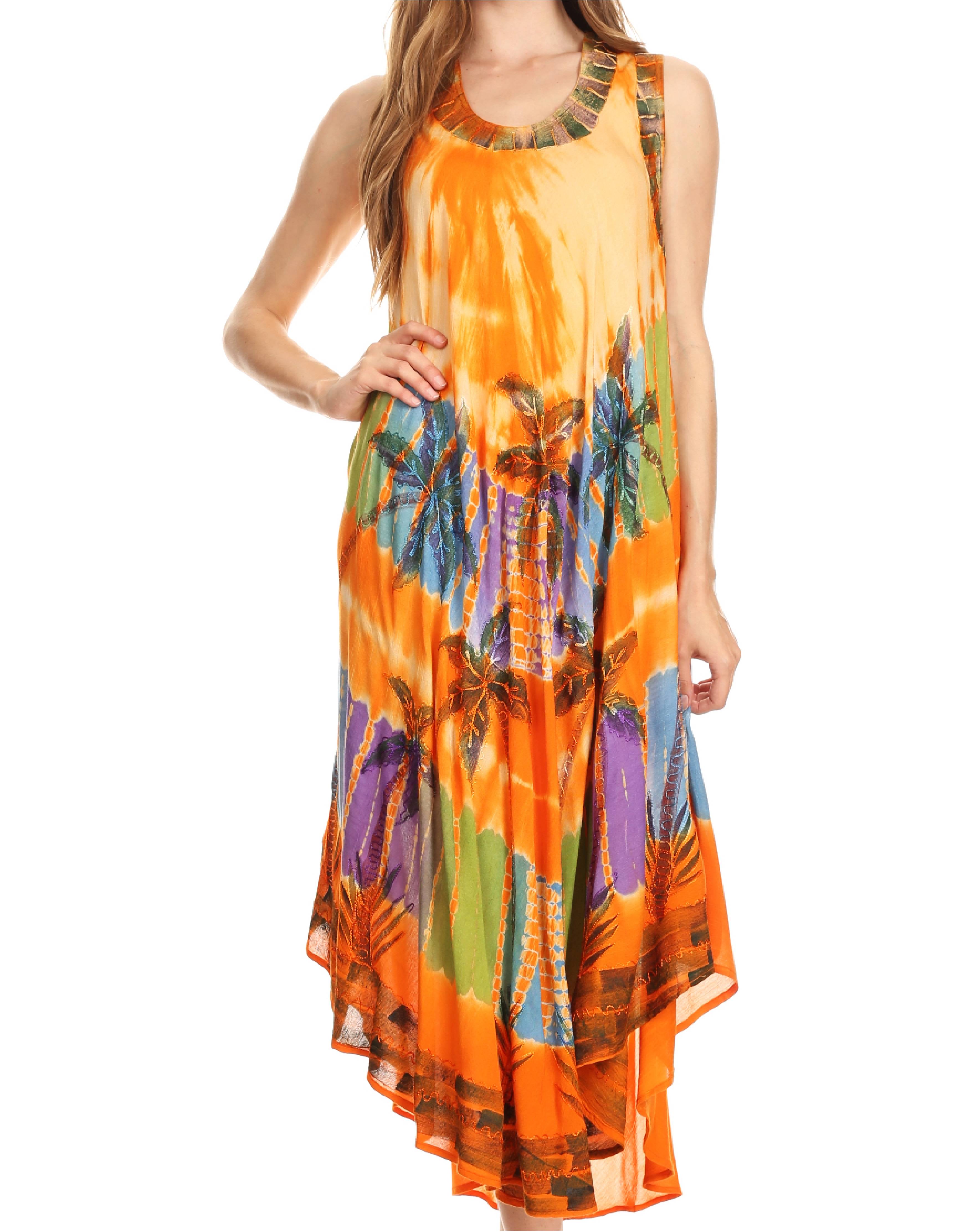 Orange dress with colorful floral pattern on a white background