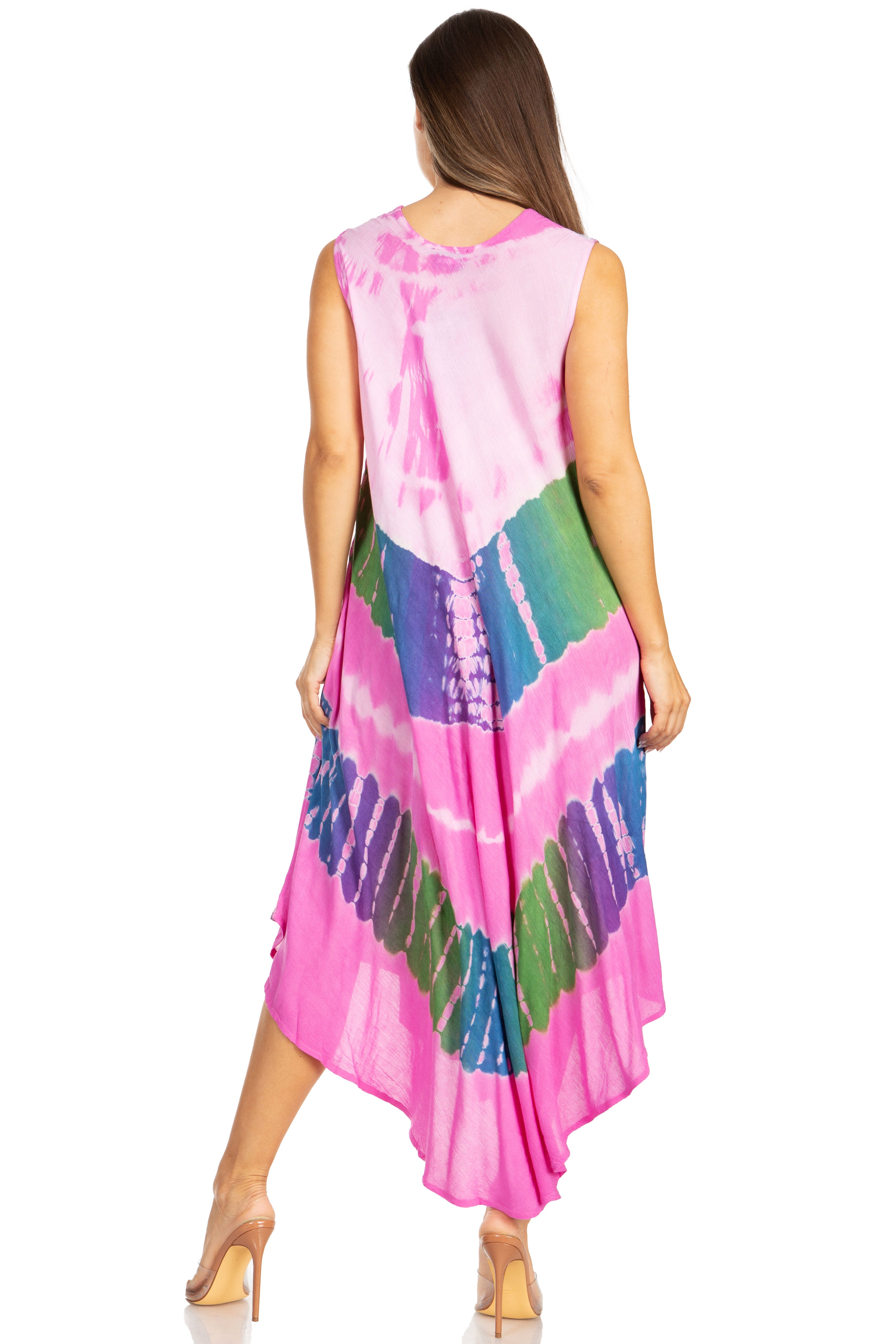 Woman wearing a colorful tie-dye dress on a white background