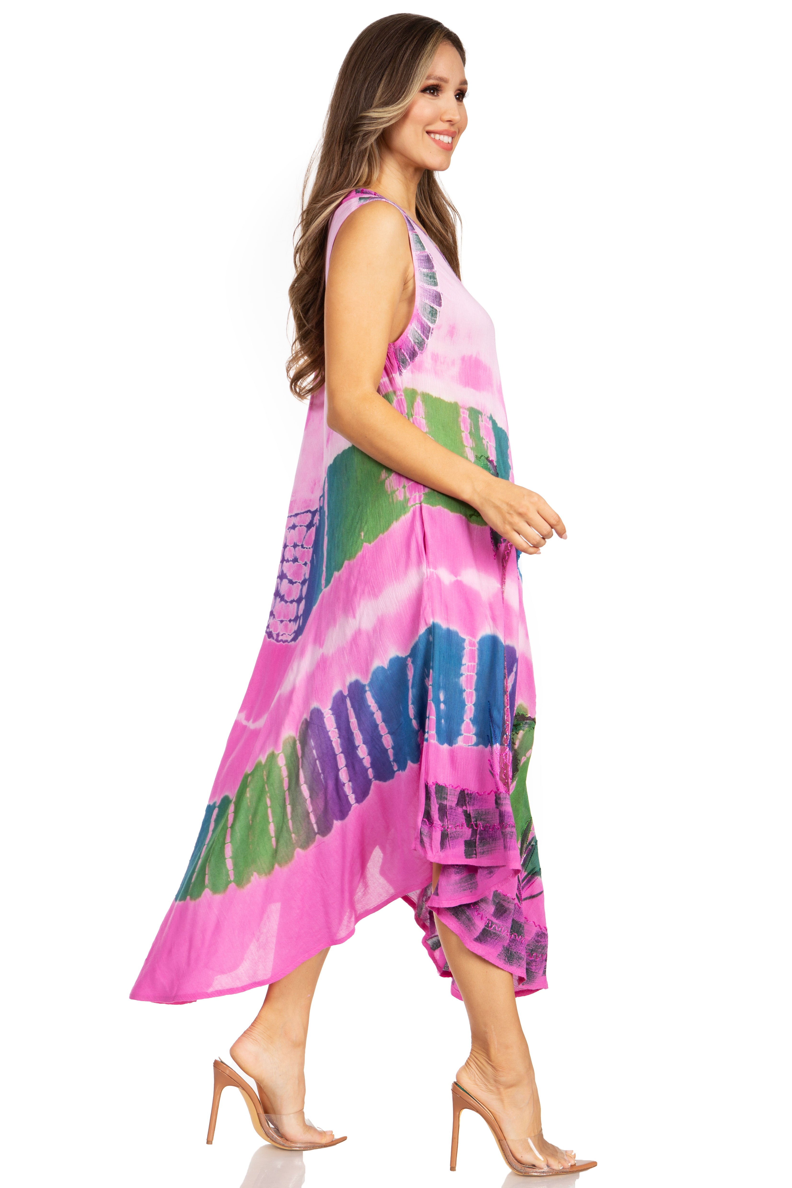 Woman wearing a colorful tie-dye dress on a white background