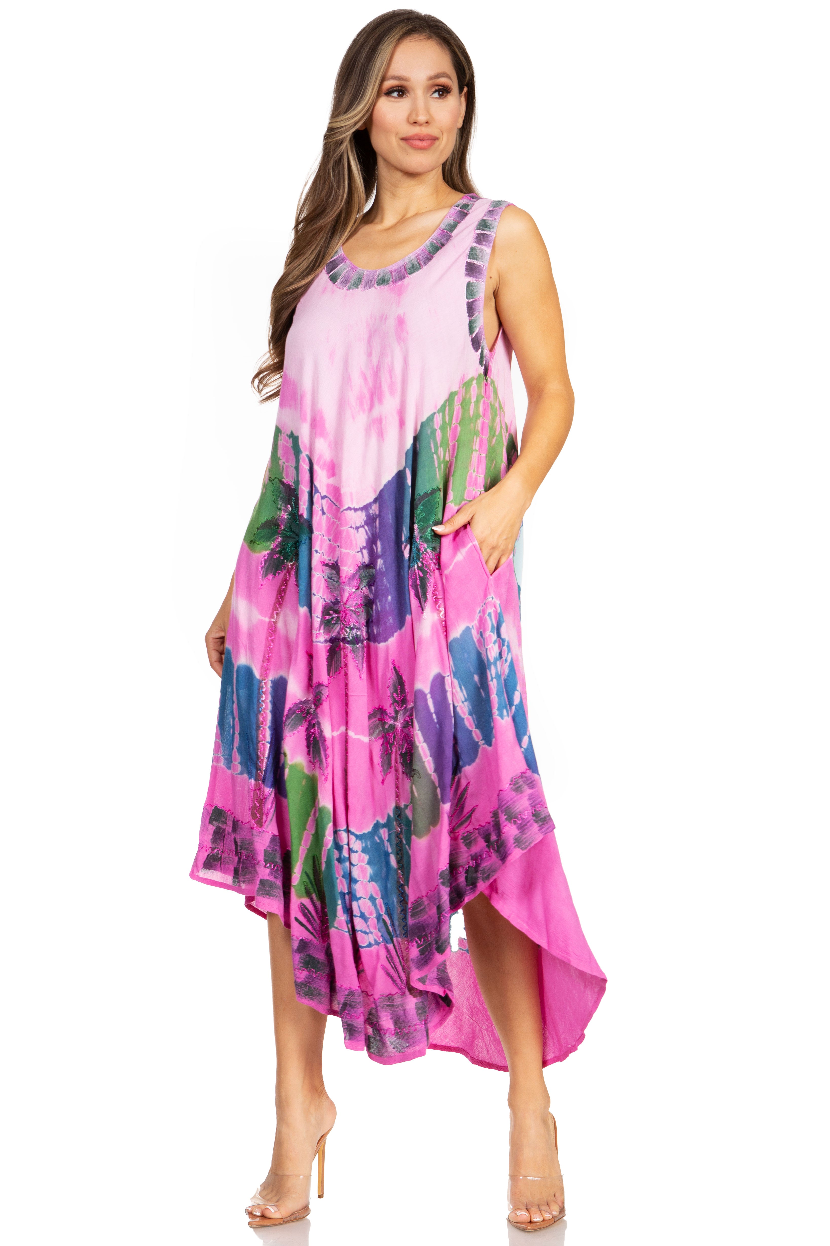 Woman wearing a colorful dress with a white background