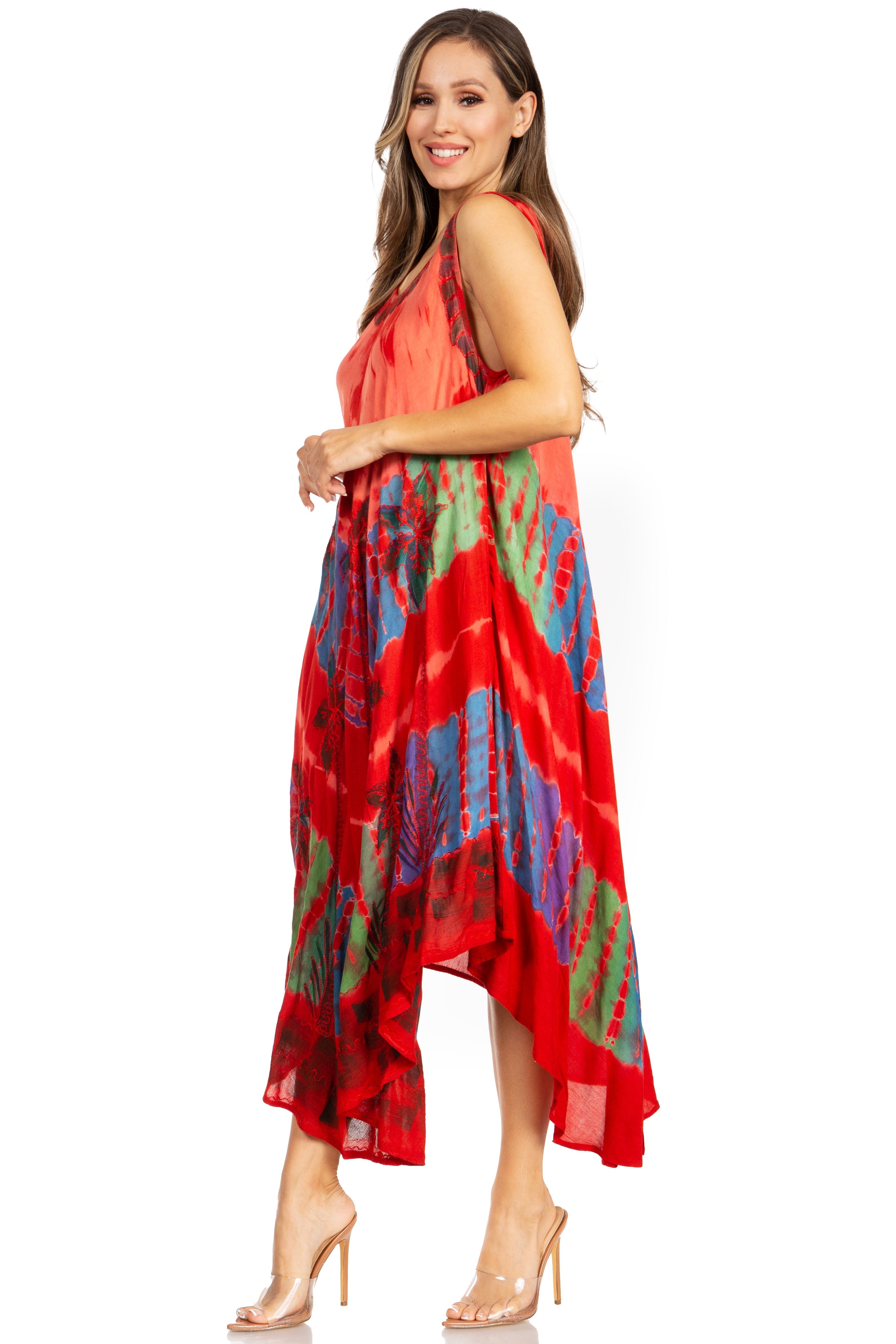 Woman wearing a colorful dress on a white background