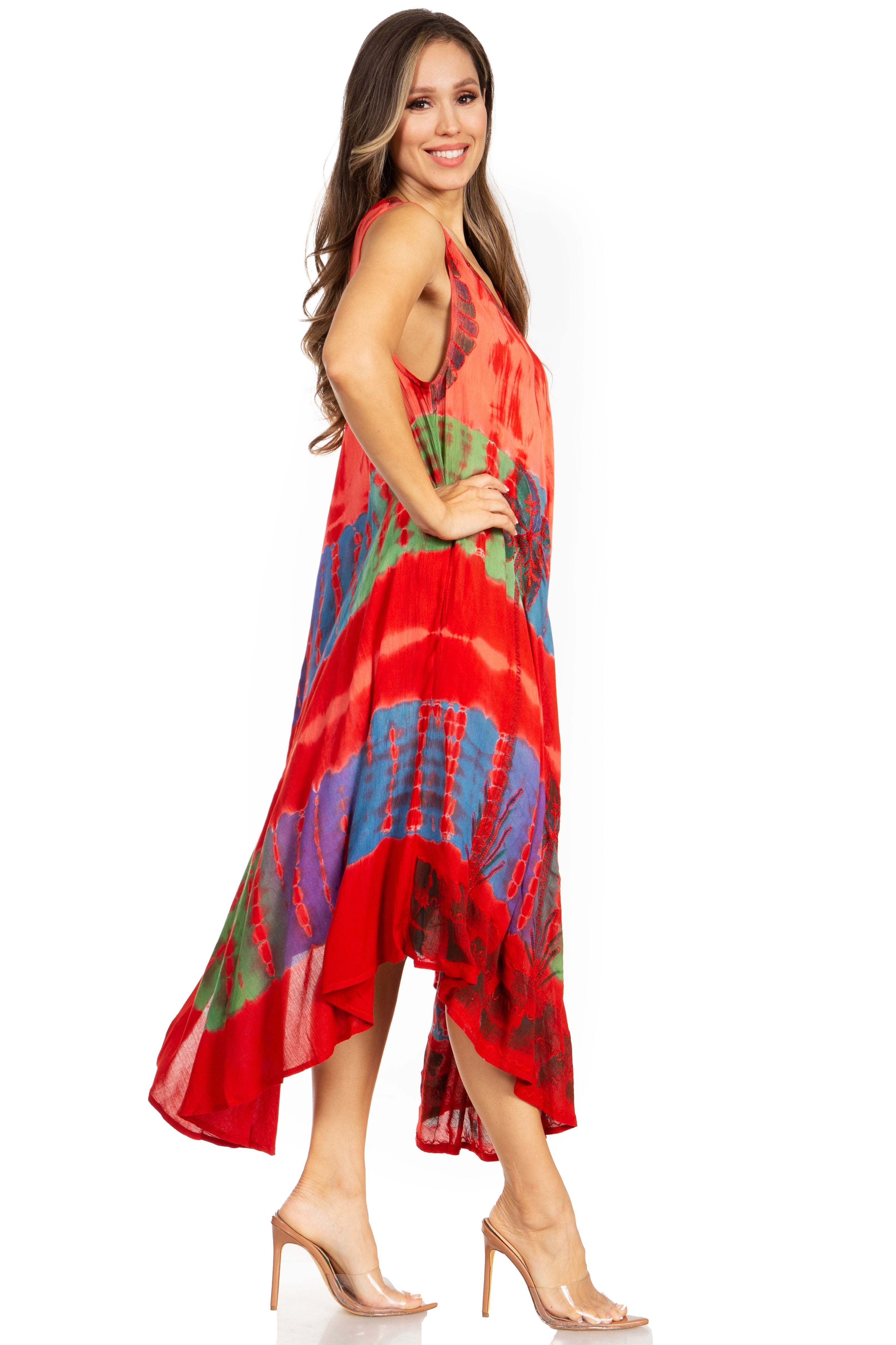 Woman wearing a red tie-dye dress on a white background