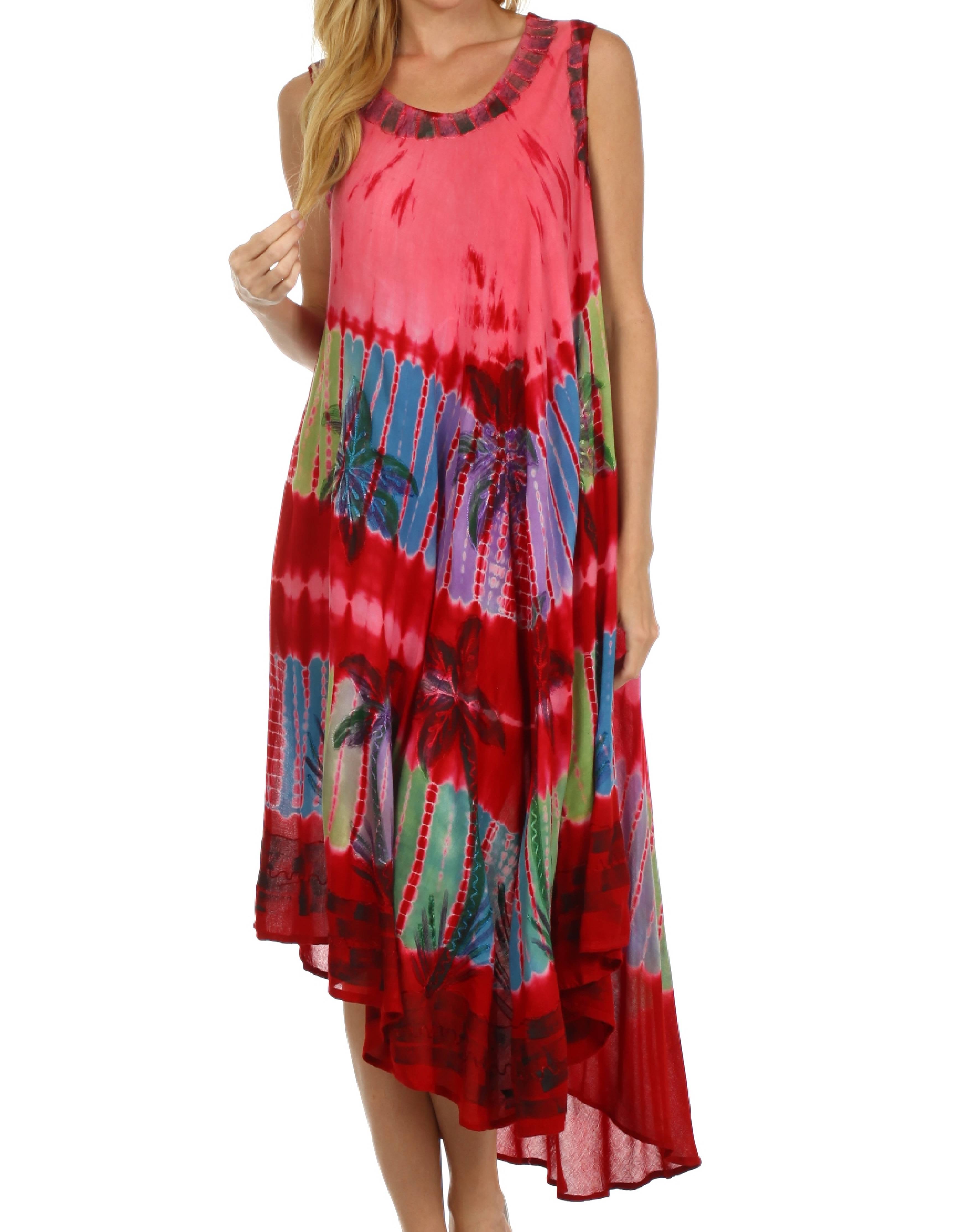 Woman wearing a red tie-dye dress on a white background