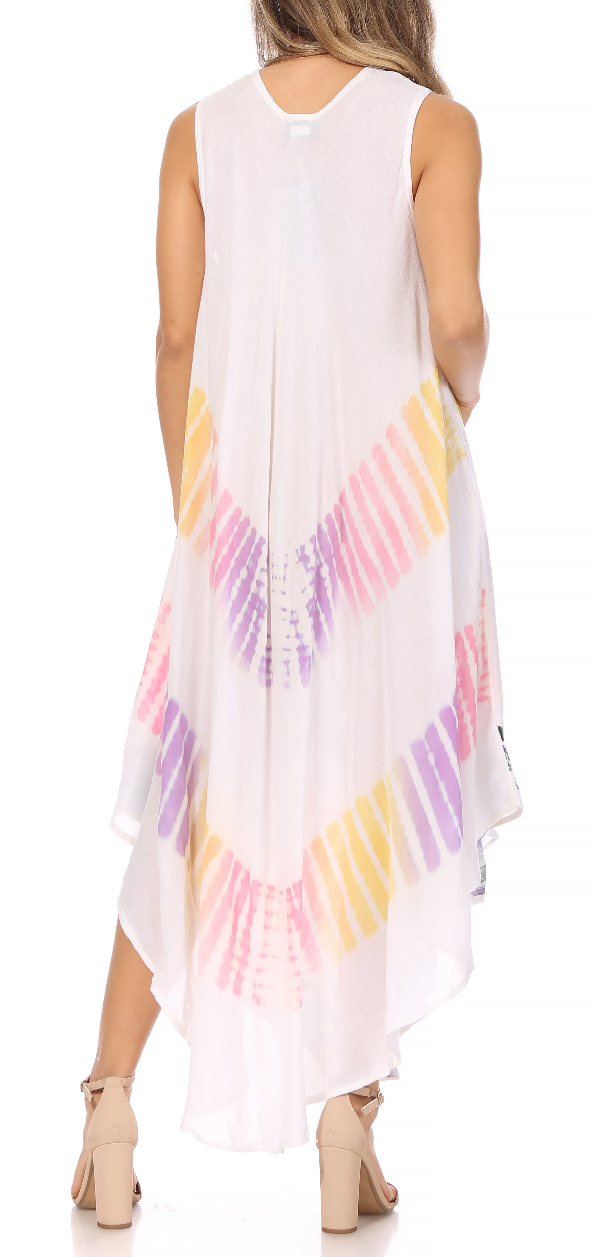 White sleeveless dress with colorful abstract pattern on a white background