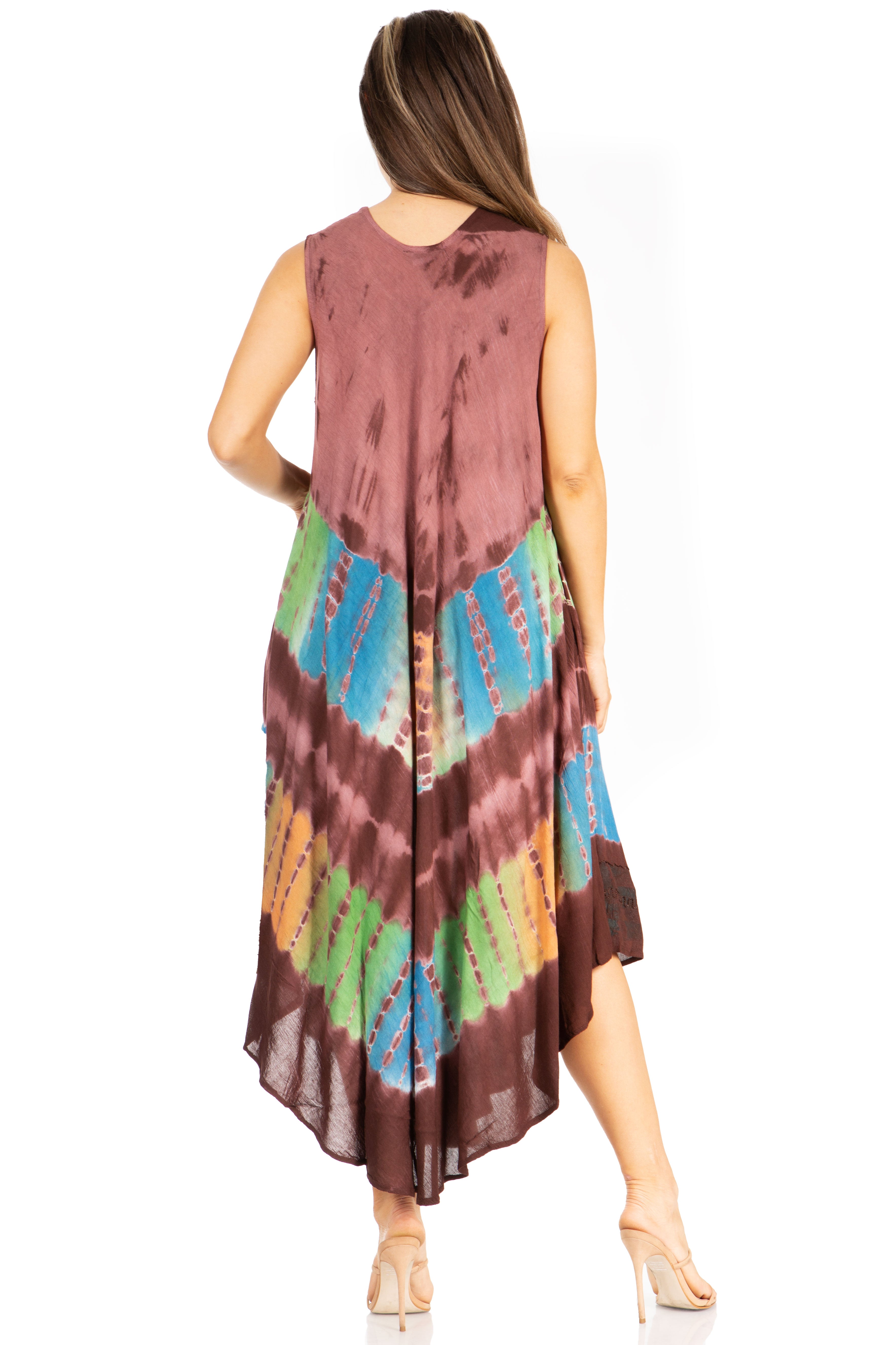 Woman wearing a tie-dye dress with a white background