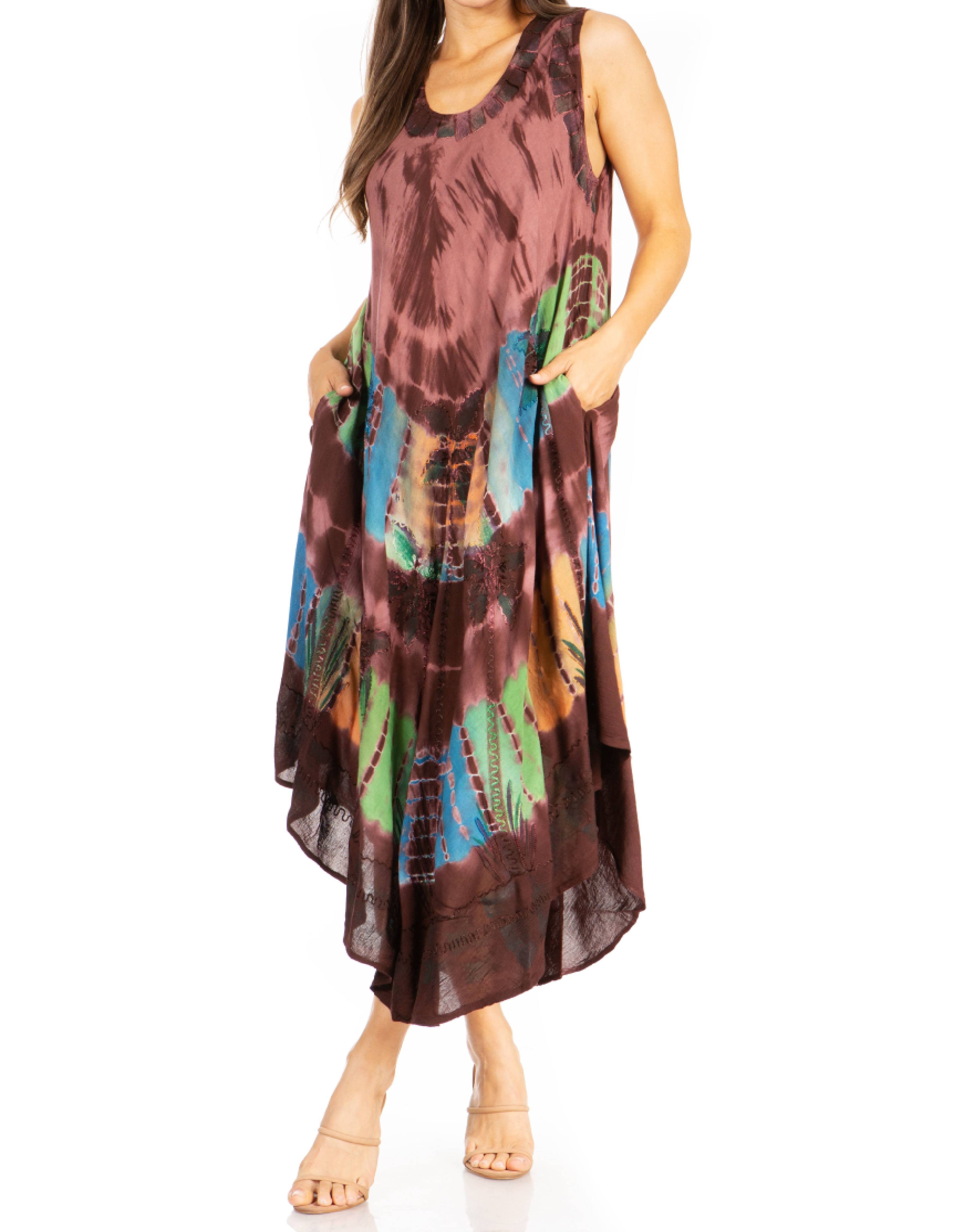 Woman wearing a tie-dye dress with a white background