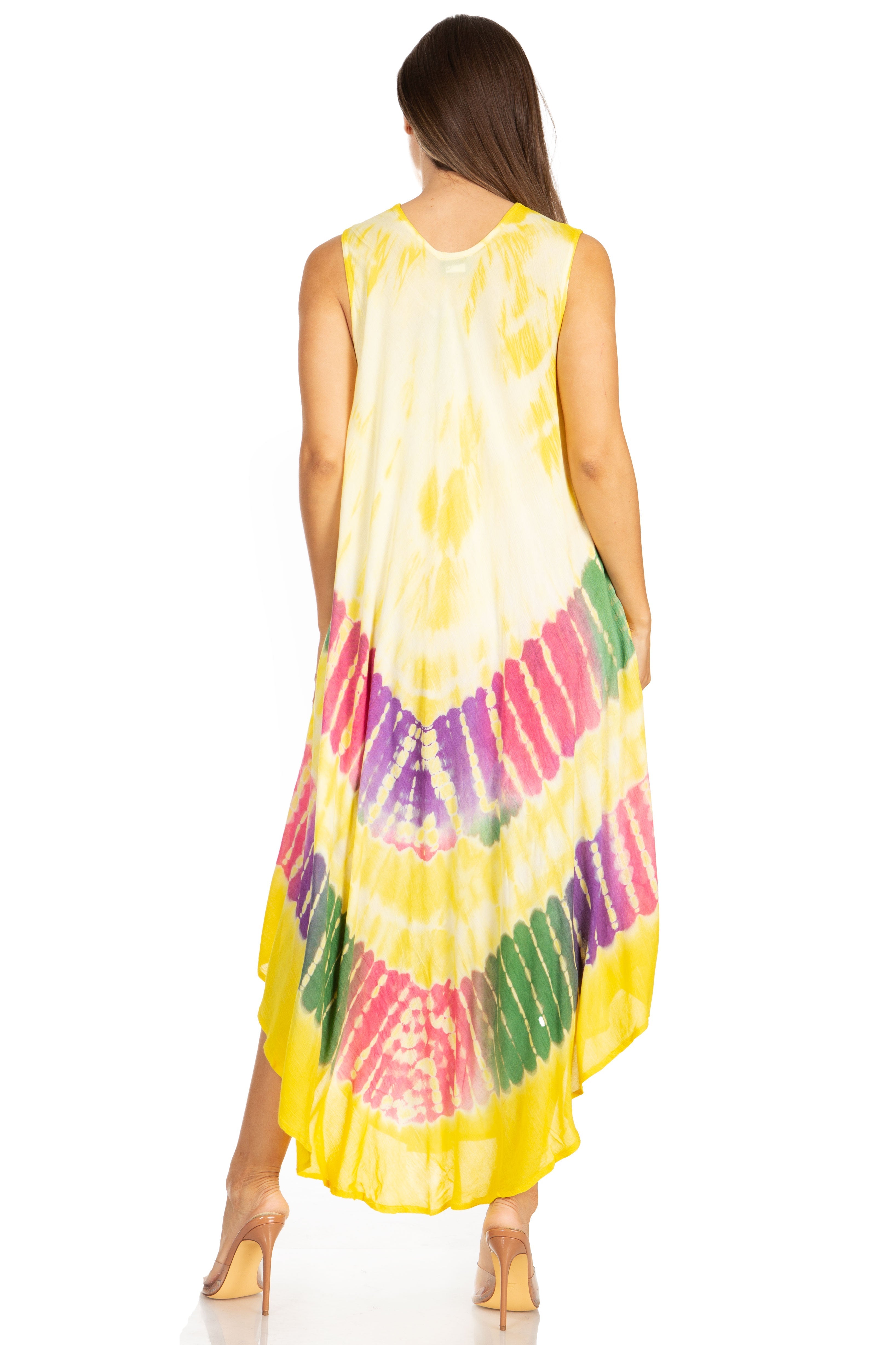 Woman wearing a colorful tie-dye dress on a white background
