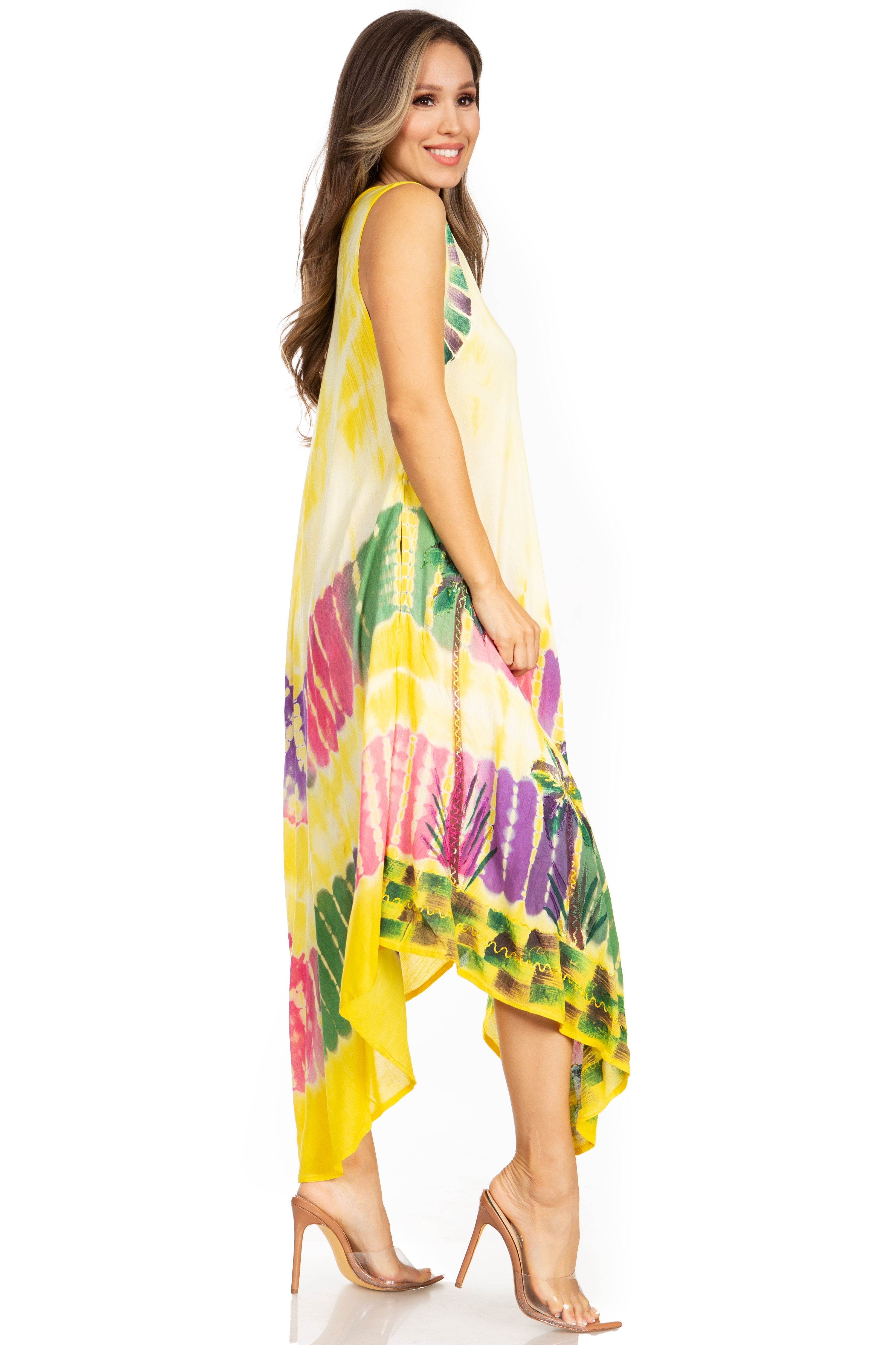 Woman wearing a colorful dress with a white background