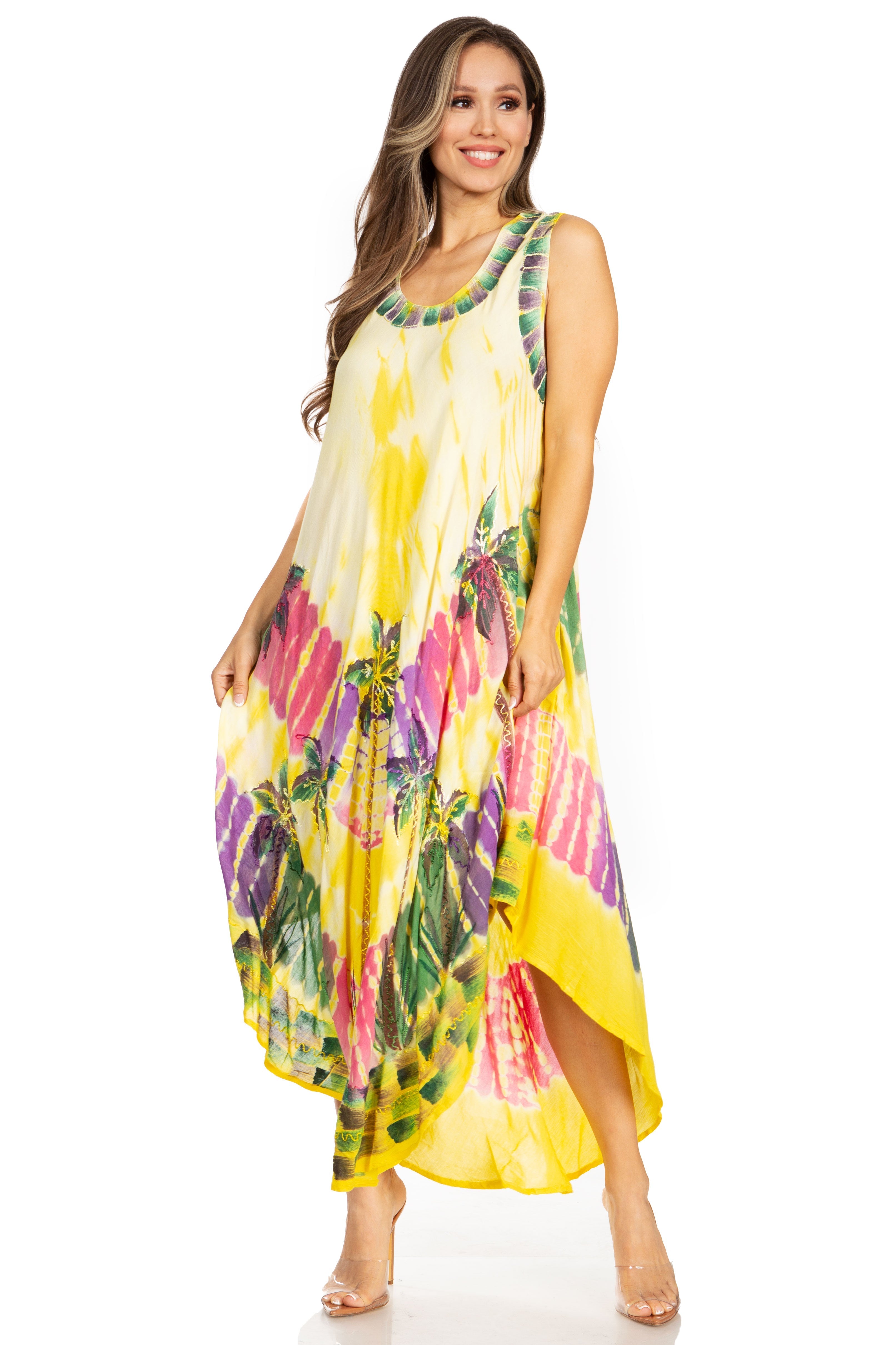 Woman wearing a colorful floral dress on a white background
