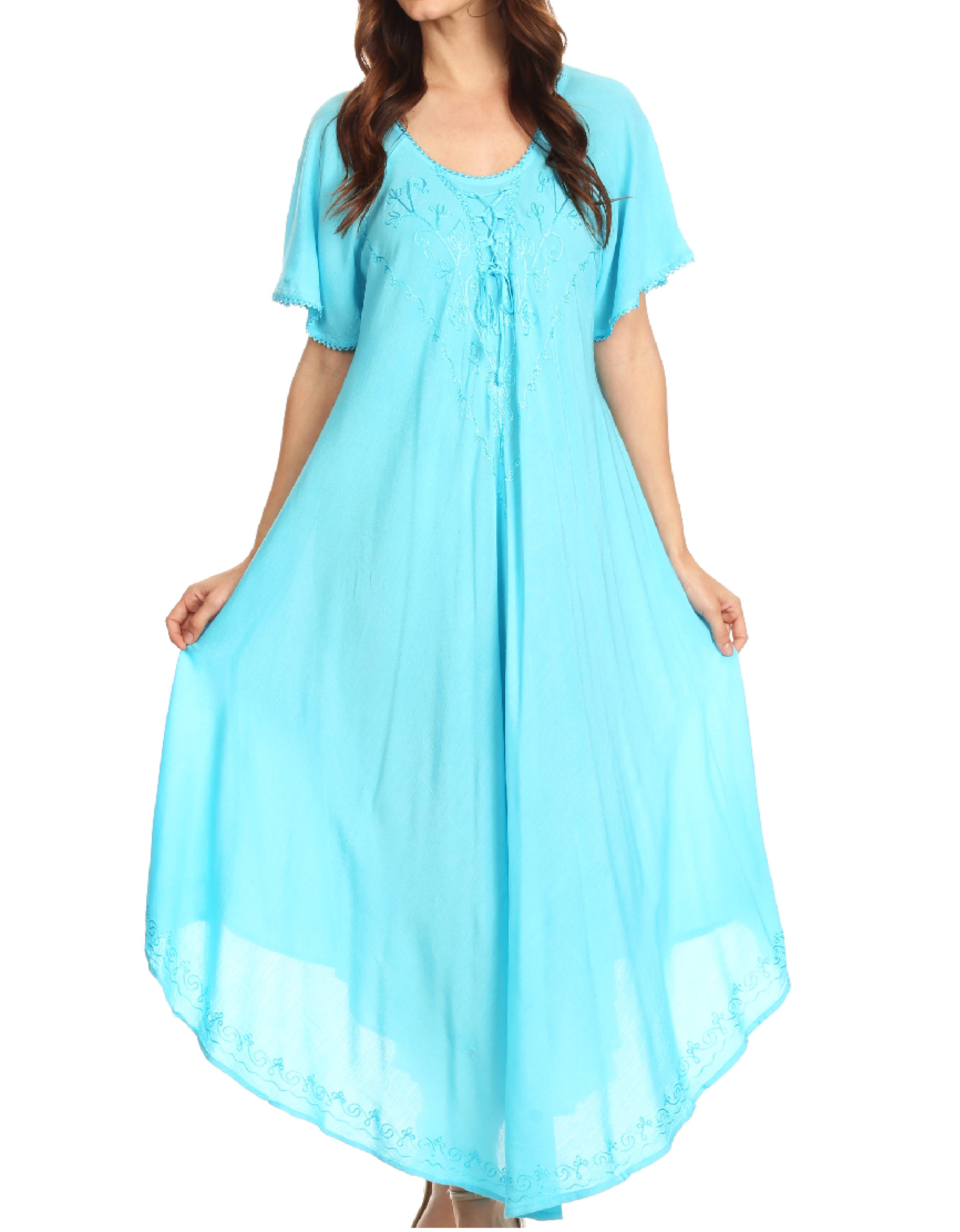 Woman wearing a light blue dress on a white background