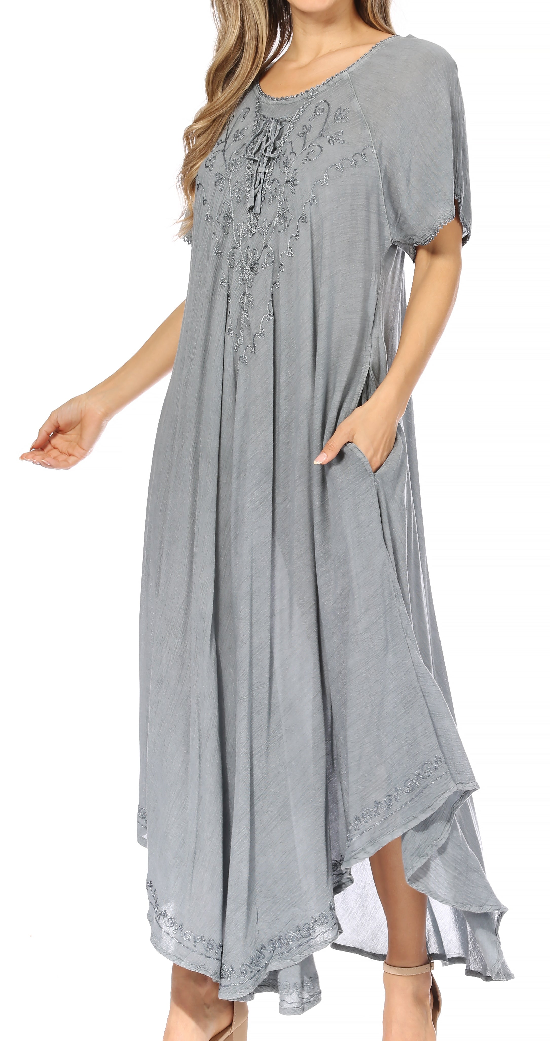 Gray dress with lace details on a white background