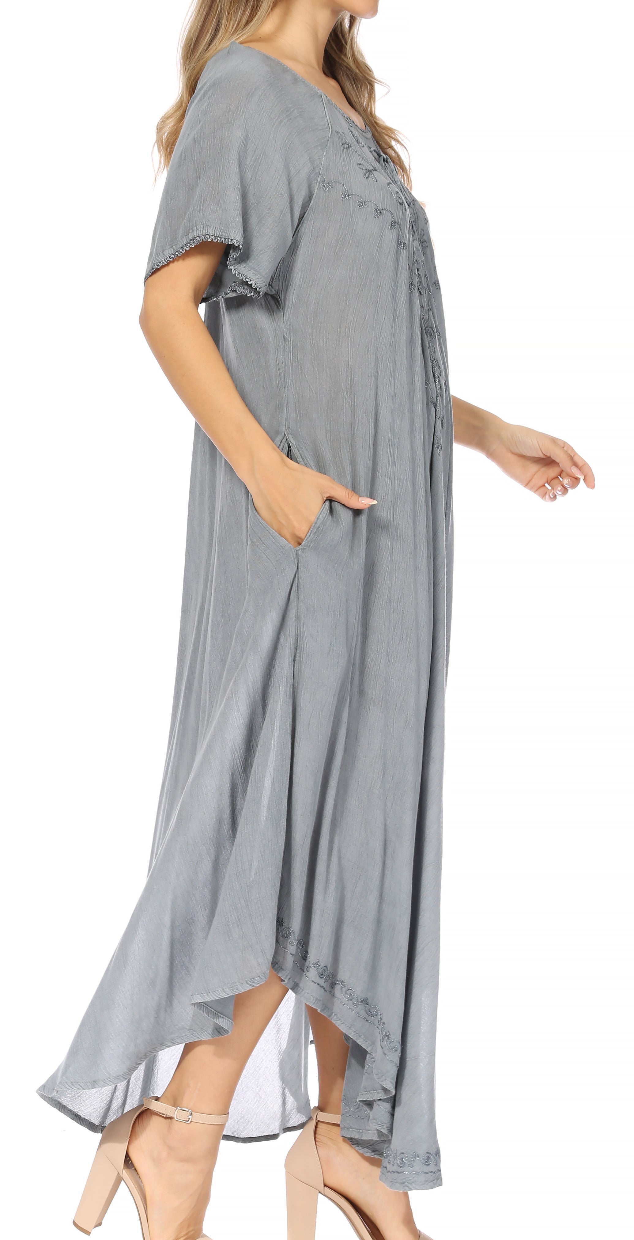 Gray dress with short sleeves and a high-low hemline on a white background