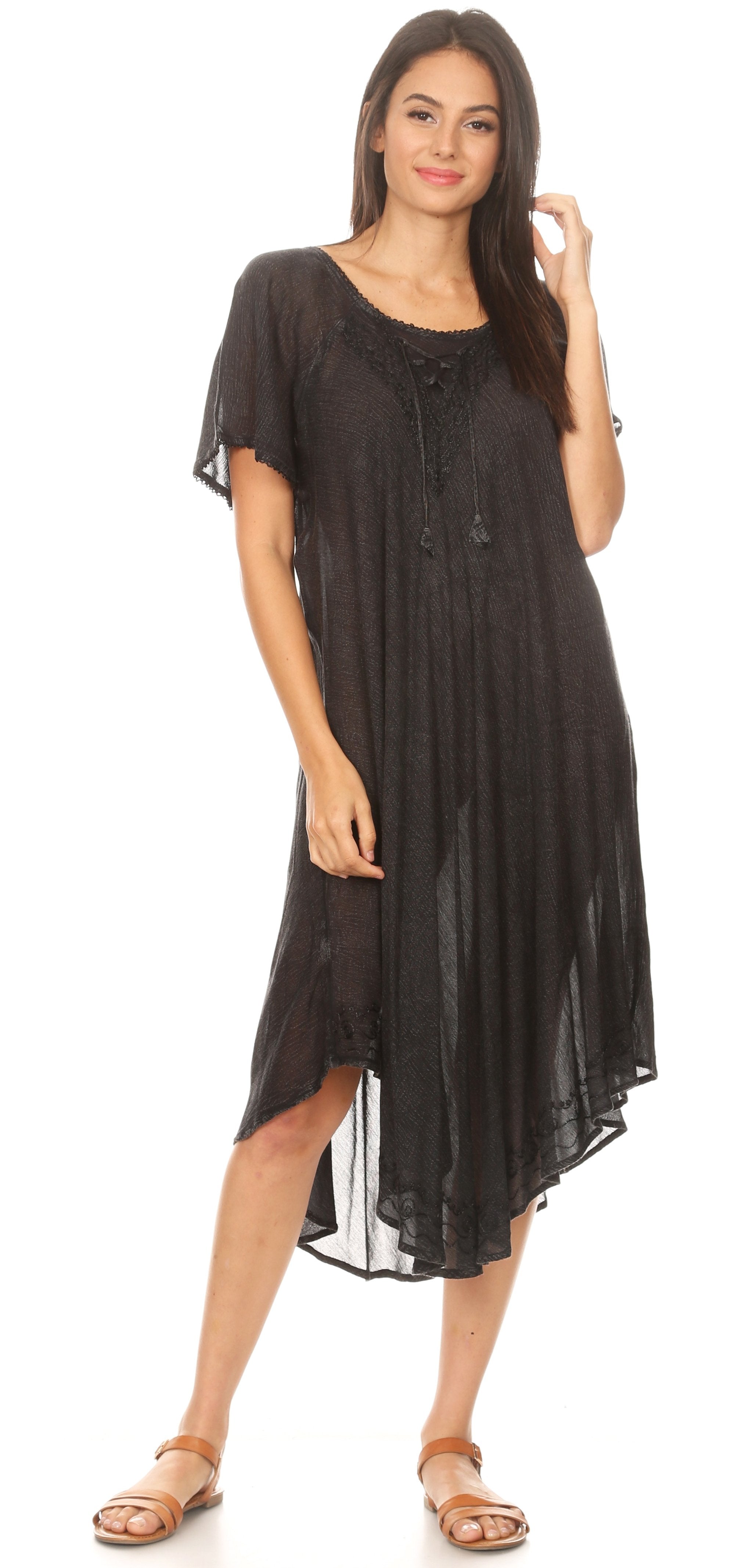 Woman wearing a black dress on a white background