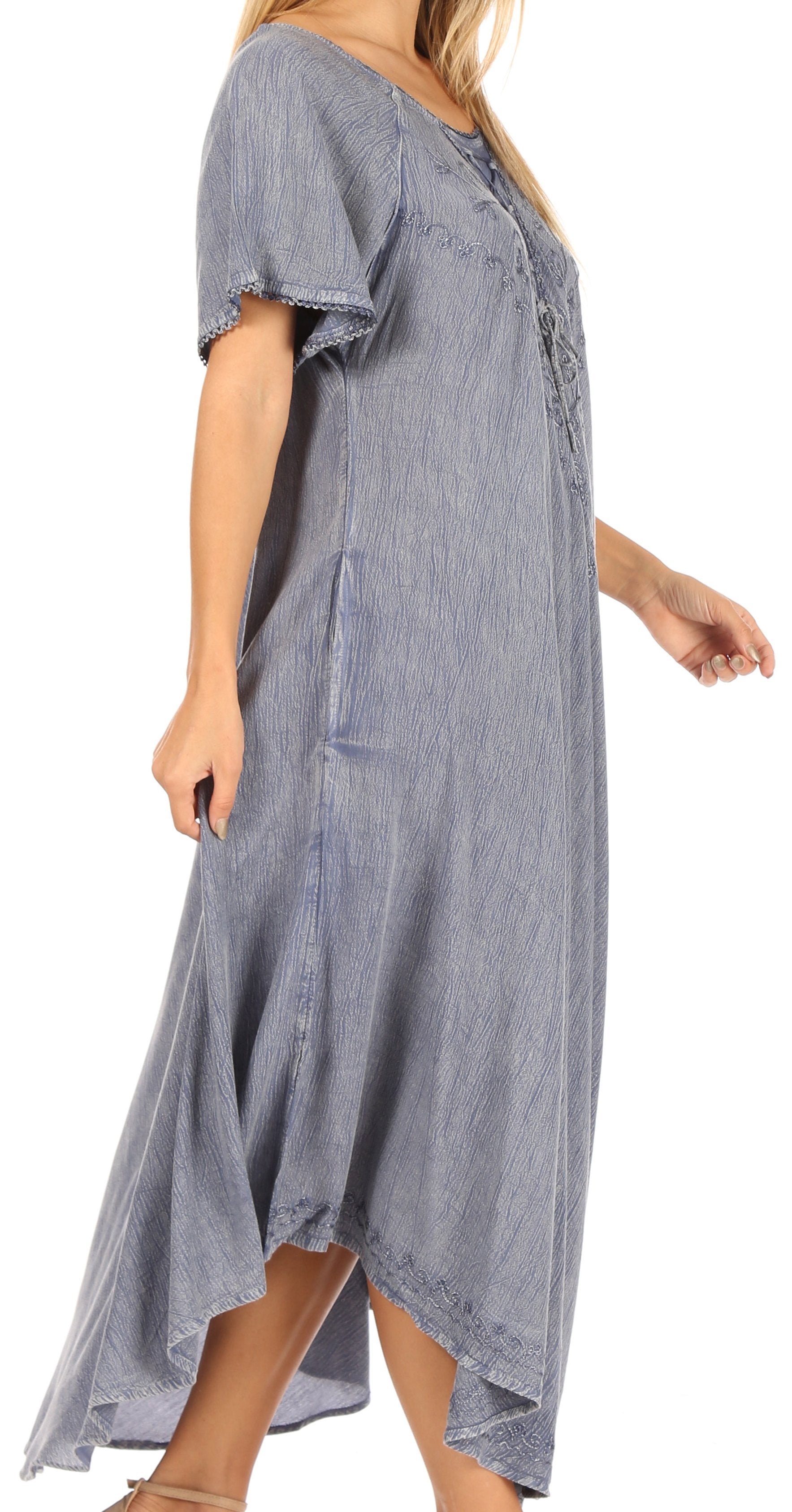 Blue striped dress worn by a person on a white background