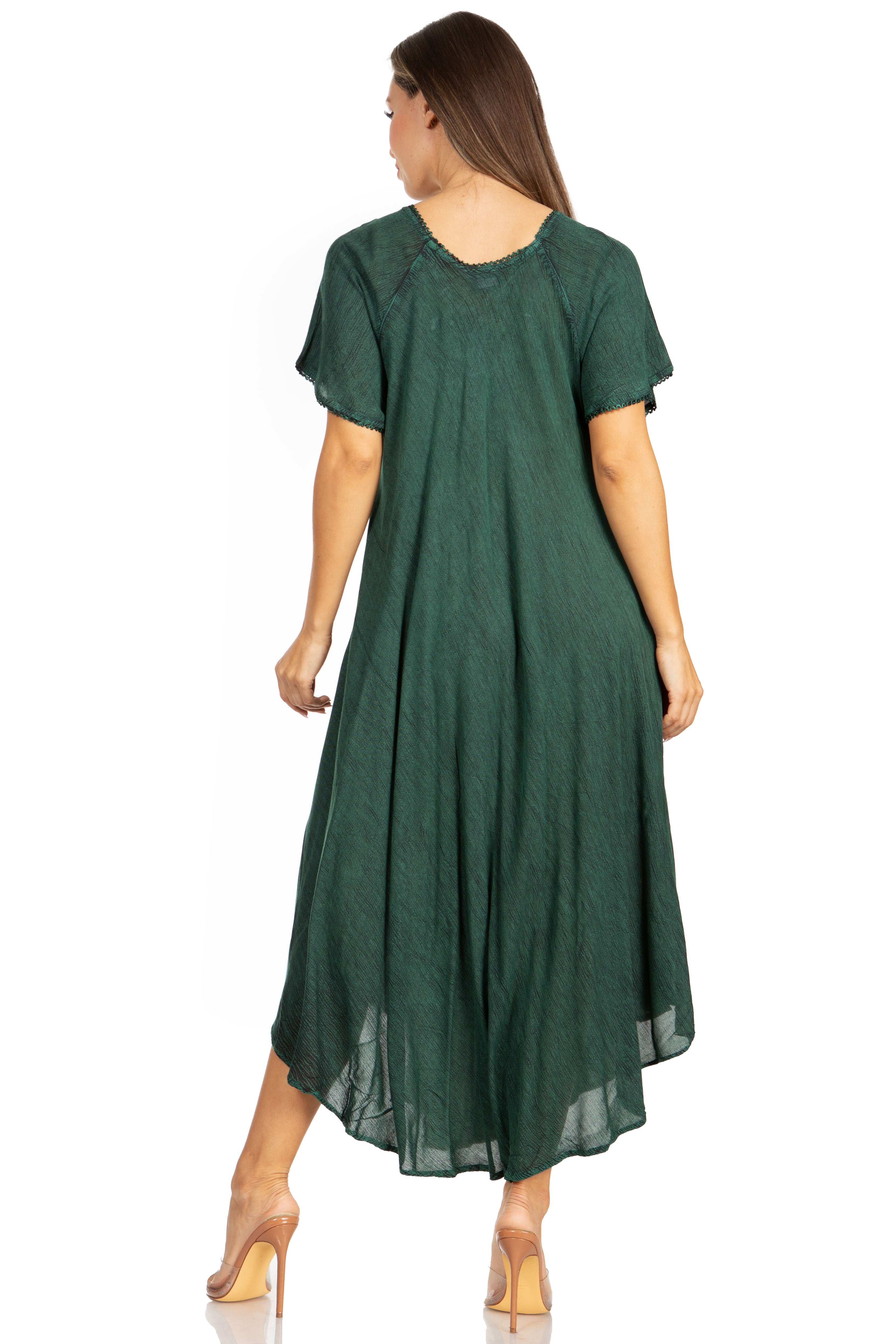 Woman wearing a green dress on a white background