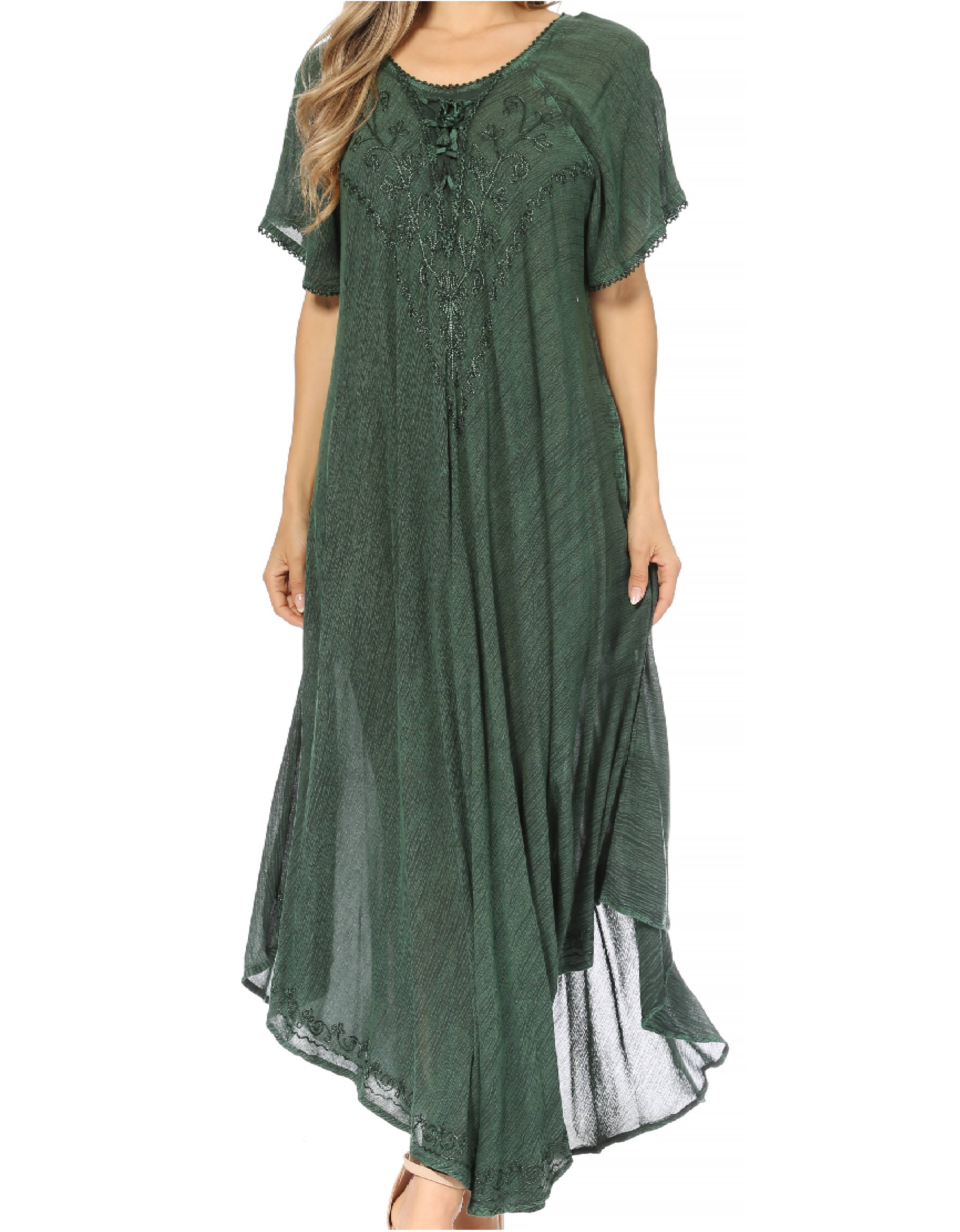 Green long dress with lace details on a white background